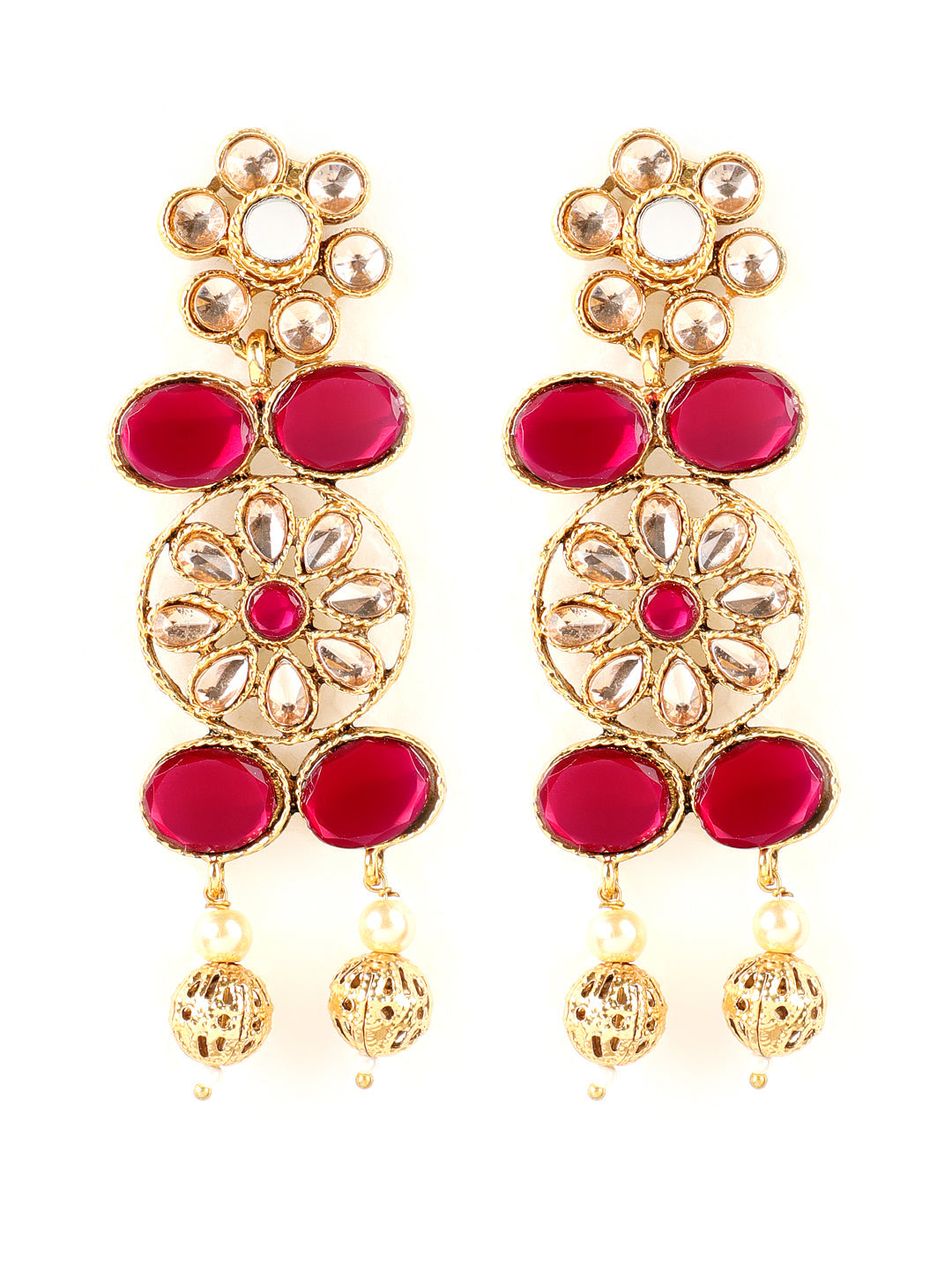 Gold Plated Mirror Studded White Beads Red & Green Reversible Necklace Set