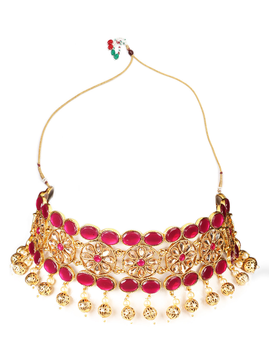 Gold Plated Mirror Studded White Beads Red & Green Reversible Necklace Set