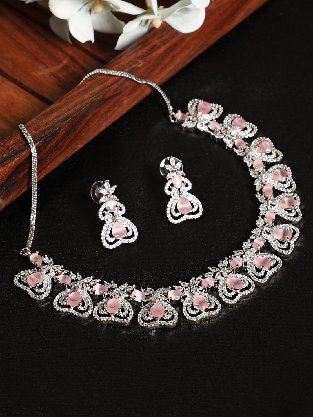 Silver-Plated Crystal Studded Pink American Diamond Handcrafted Necklace Set