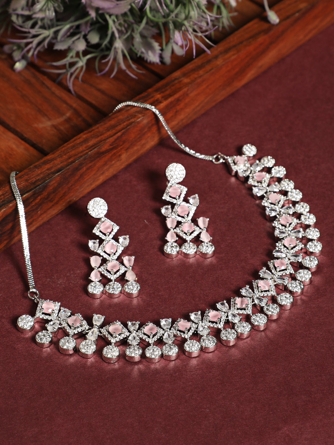 Silver Plated Pink Studded American Diamond Handcrafted Necklace Set