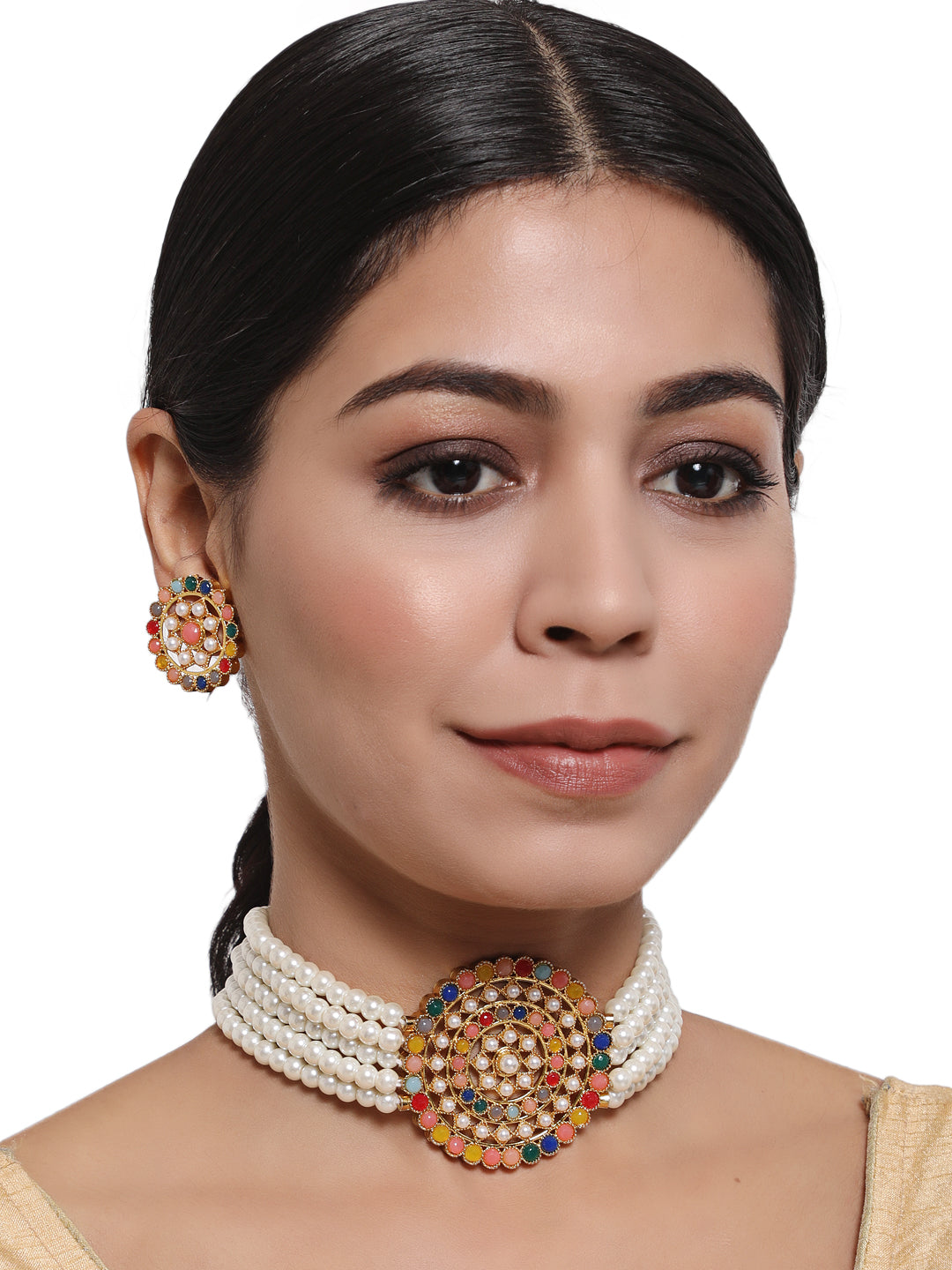 Gold-Plated White & Green Pearl-Studded Choker Jewellery Set