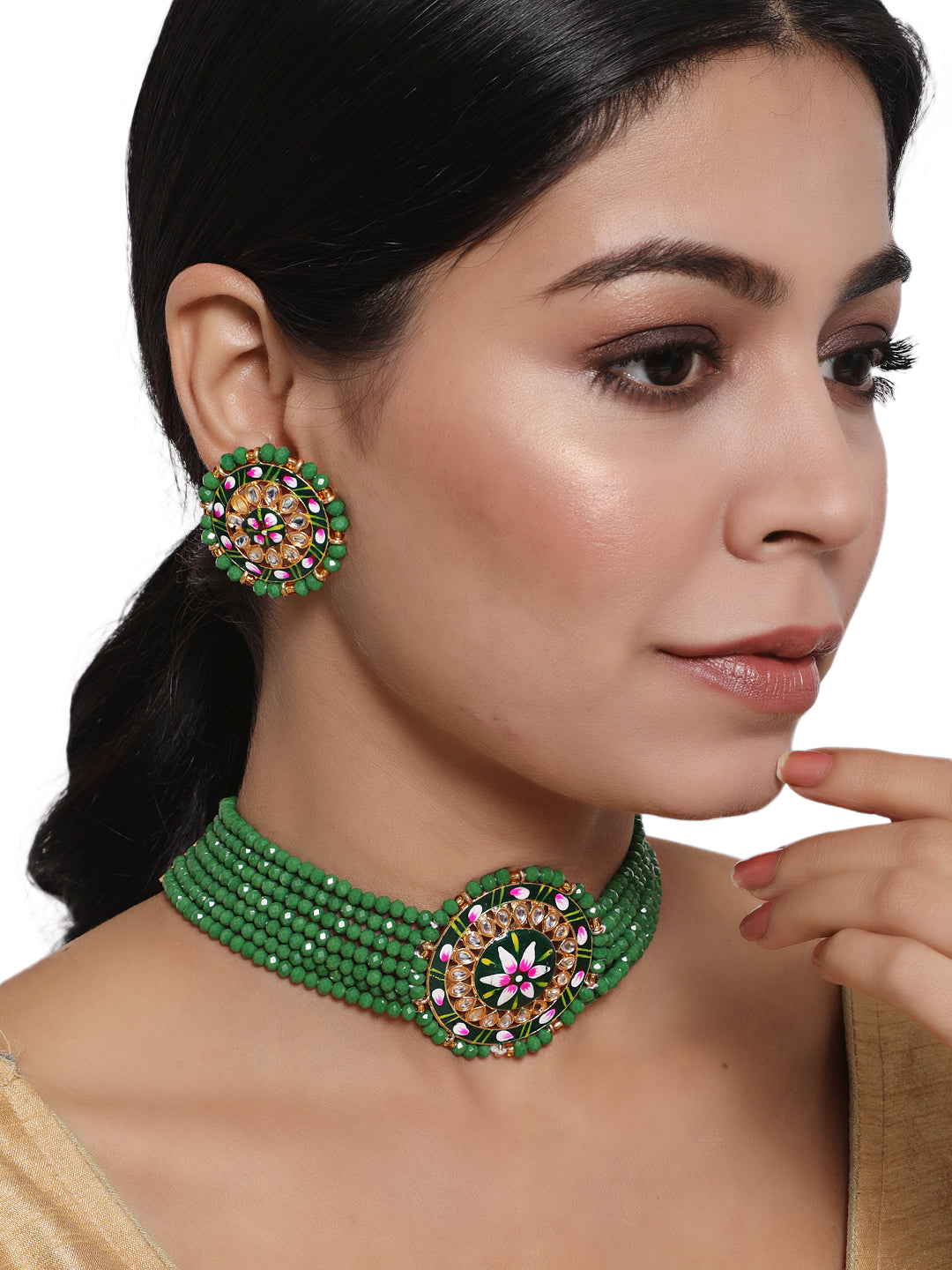 Women Green & Pink Kundan-Studded & Beaded Handcrafted Meenakari Jewellery Set