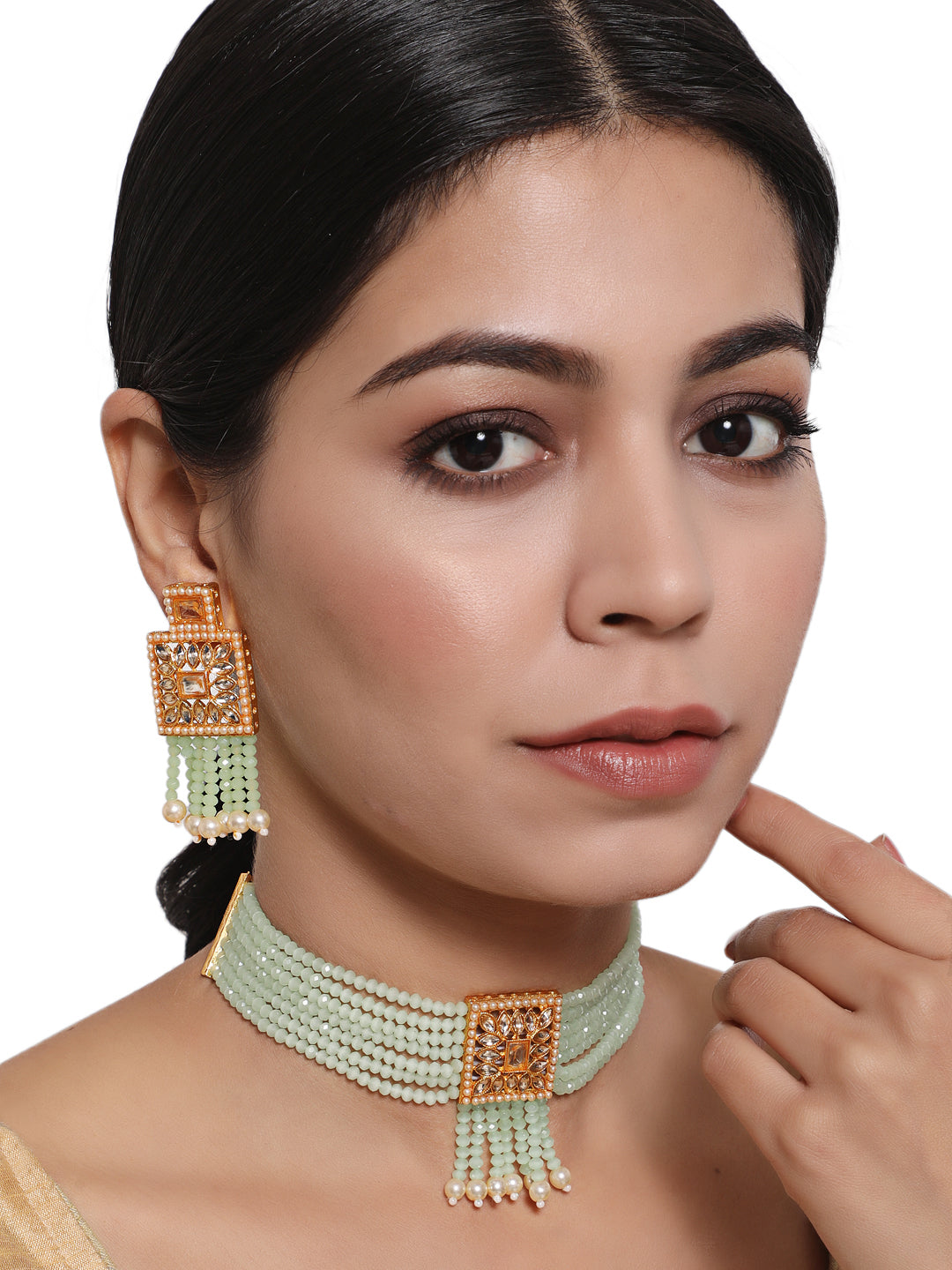 Gold-Plated & Pastel Green Kundan Crystal Beads Jewellery Set