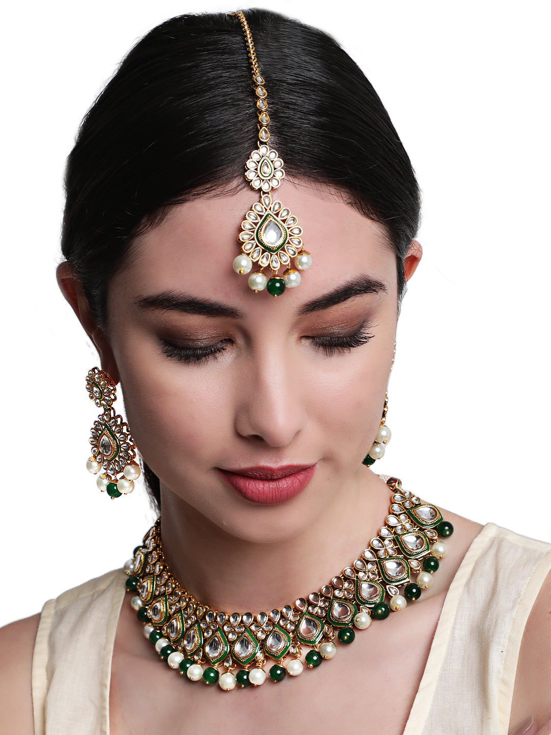 Gold-Plated Green & White Kundan-Studded Beaded Handcrafted Jewellery