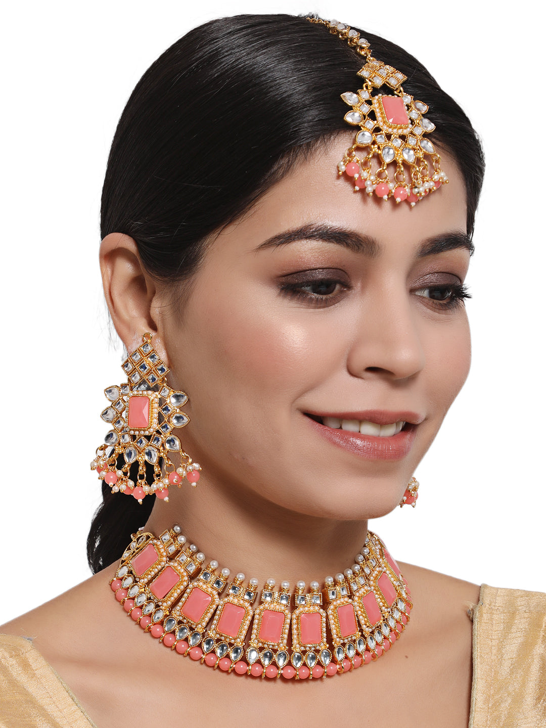 Pink Gold-Plated Kundan Beaded Necklace Set With Maangtika