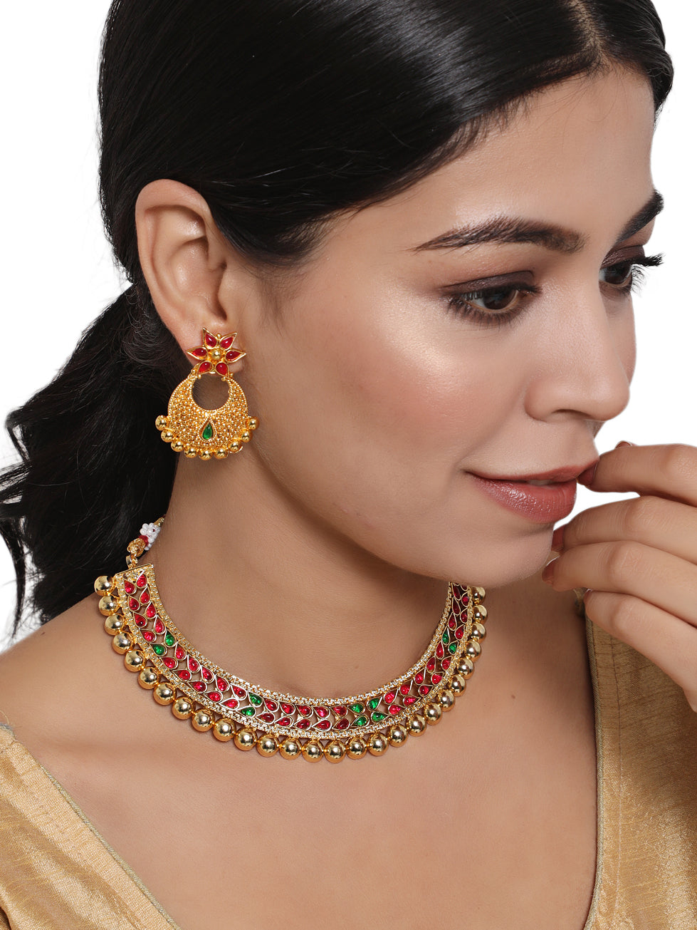 Gold-Plated Red & Green Stone Studded Handcrafted Jewellery Set