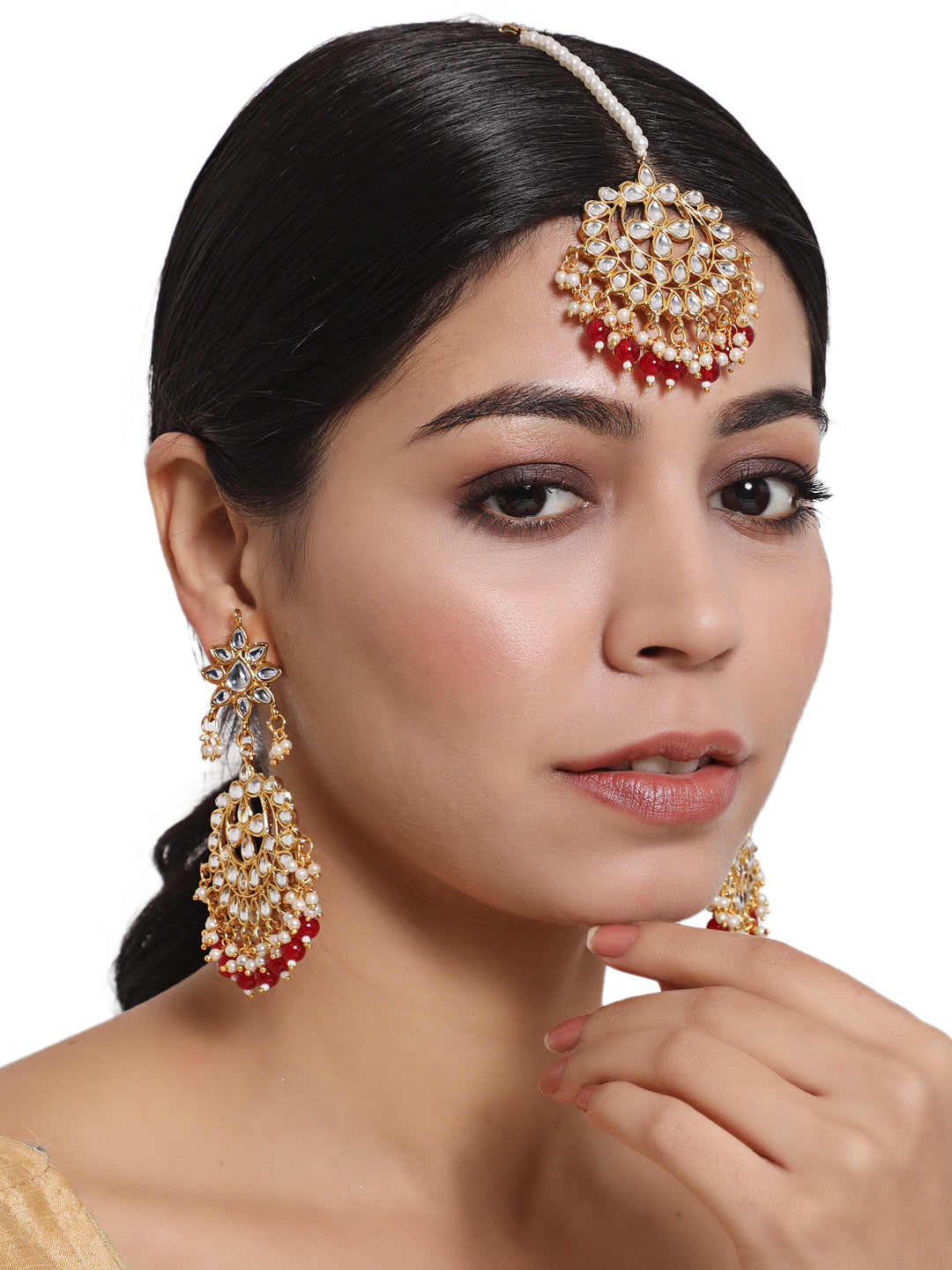 Gold-Toned Mahroon & White Kundan Stone Studded & Pearls Maangtikka & Earring Set