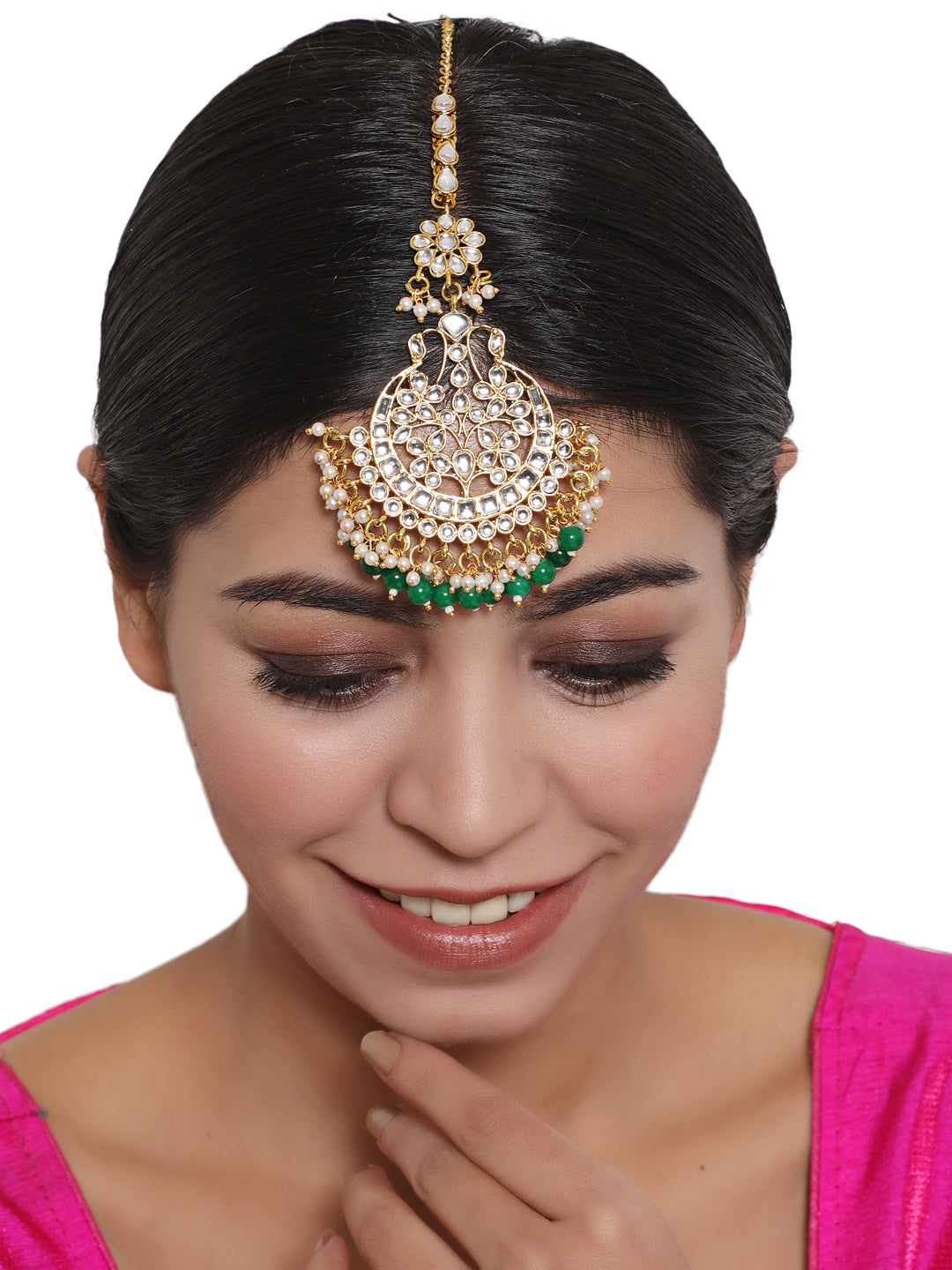 Gold-Toned Green & White Kundan Stone Studded & Pearls Beaded Traditional Maangtikka