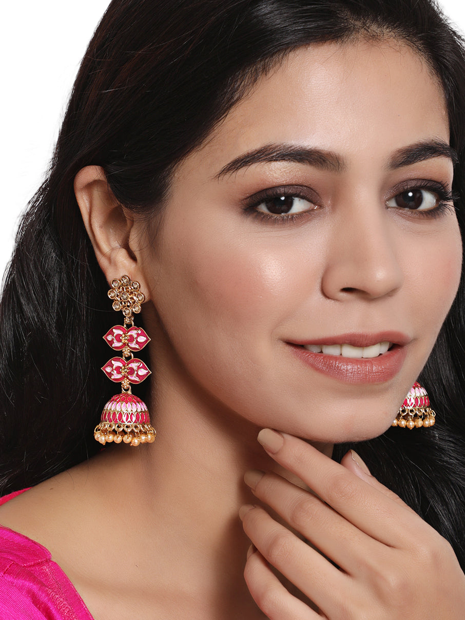 Gold Plated Floral Shaped Dome Pink & White Minakari Drop Earrings