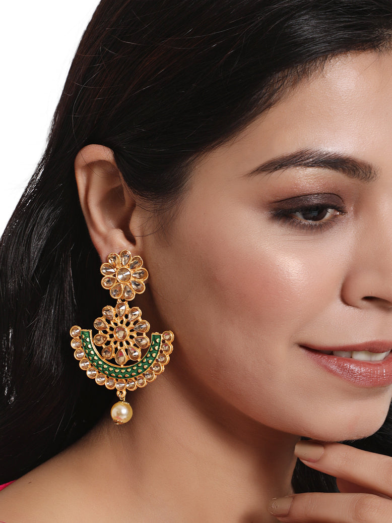 Floral Dome Shaped Gold- Plated Green Pearl Drop Chand Bali Earrings