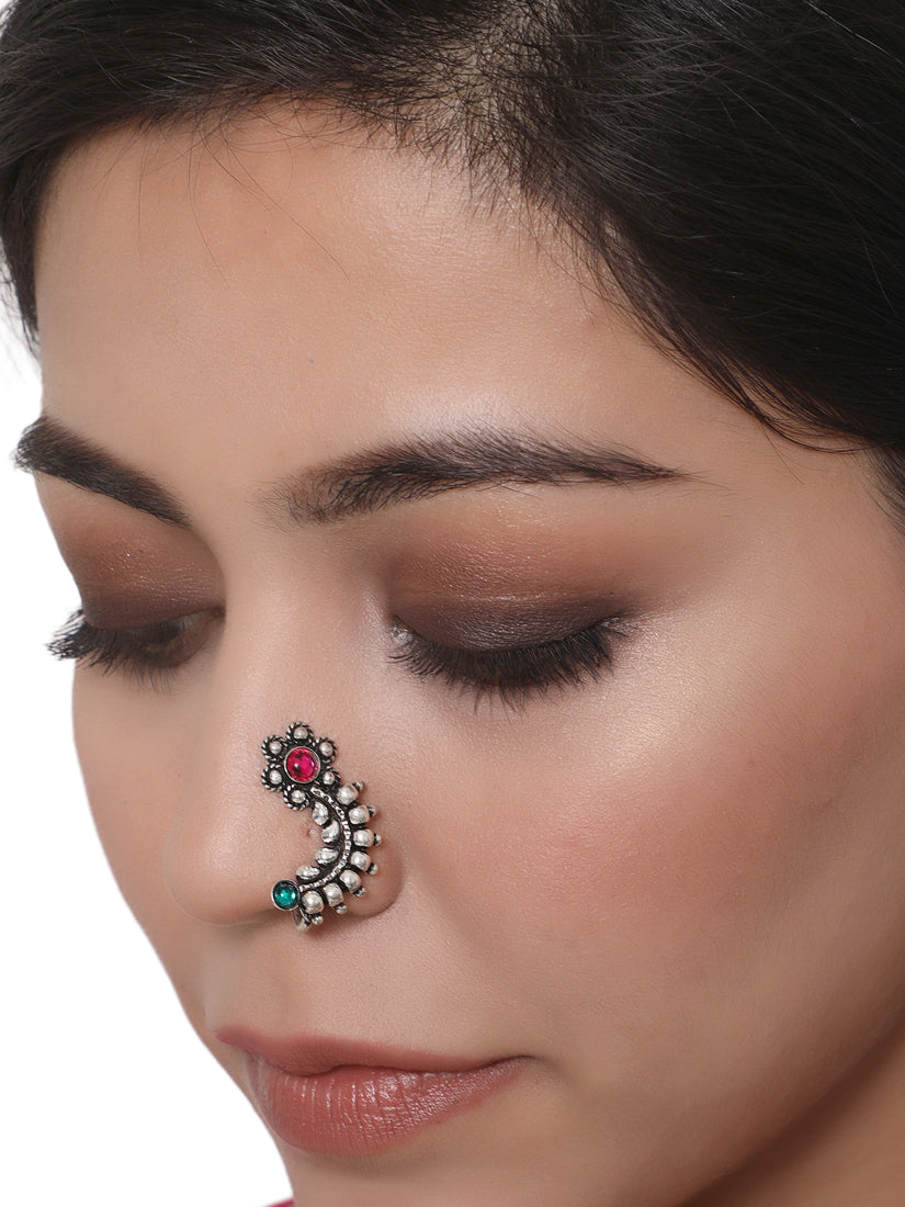 Oxidized Silver-Plated Red-Green Nose Pins