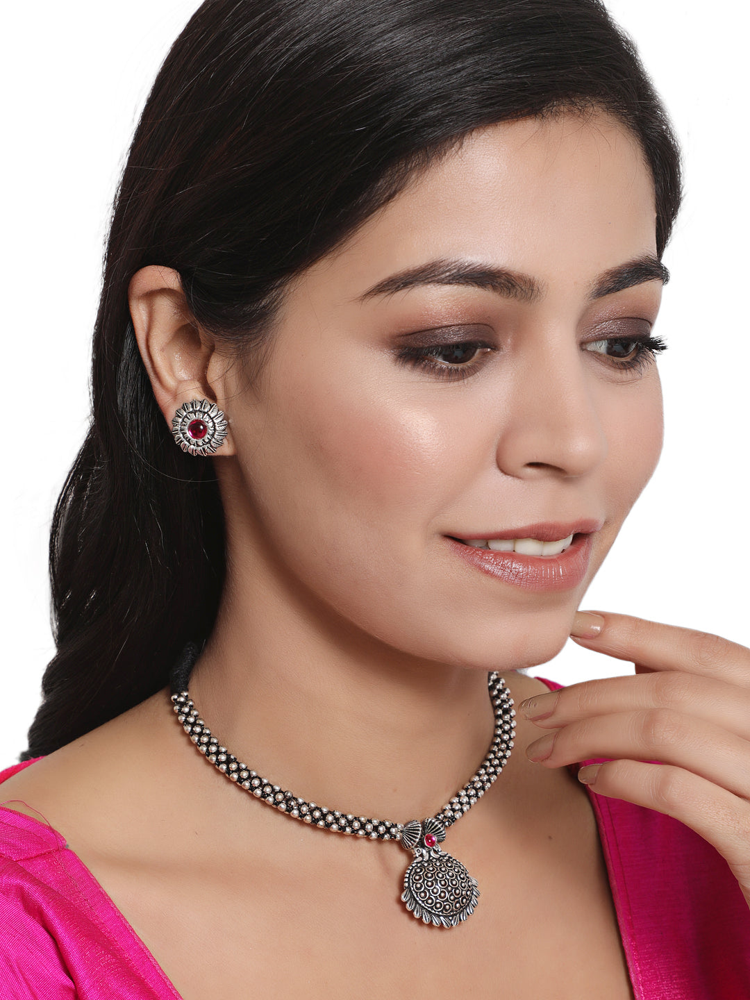 Silver-Toned Oxidized Pink Stone Studded Peacock Jewellery Set