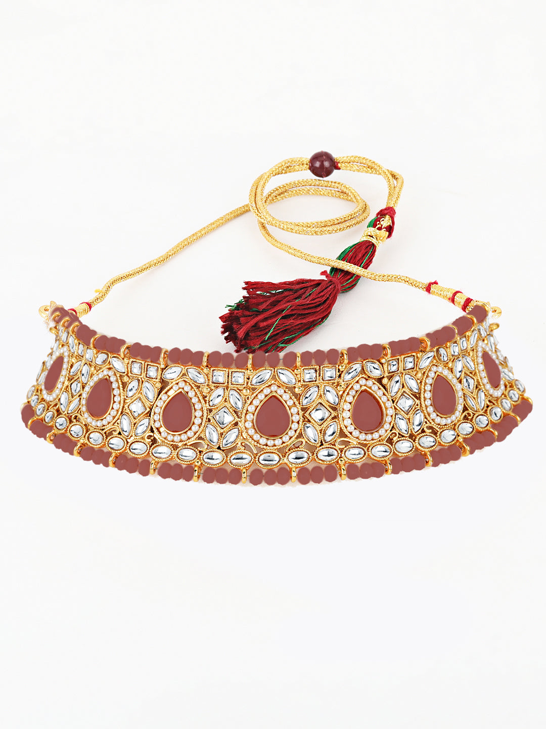 Pink Kundan Pearls Gold Plated Choker Set With Maangtikka