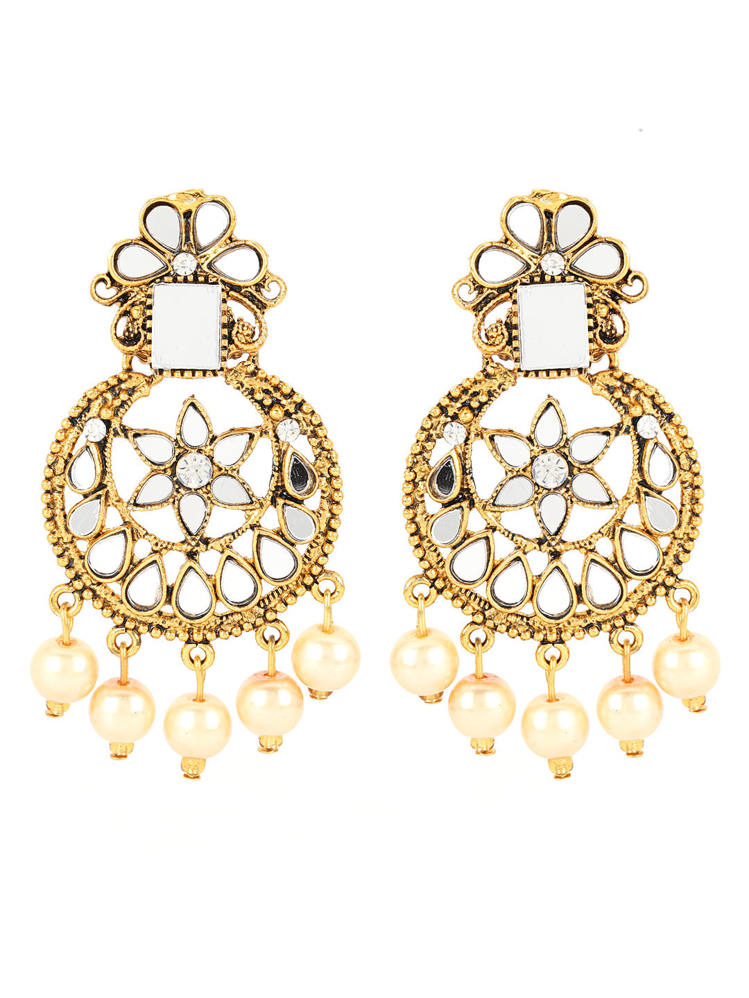 Gold-Plated White Coloured Stone-Studded & Cream Pearl Beaded Handcrafted Jewellery Set