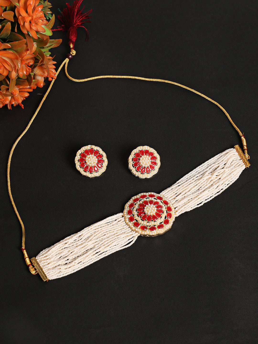 Pink Gold-Plated Kundan Choker Necklace & Earring Set