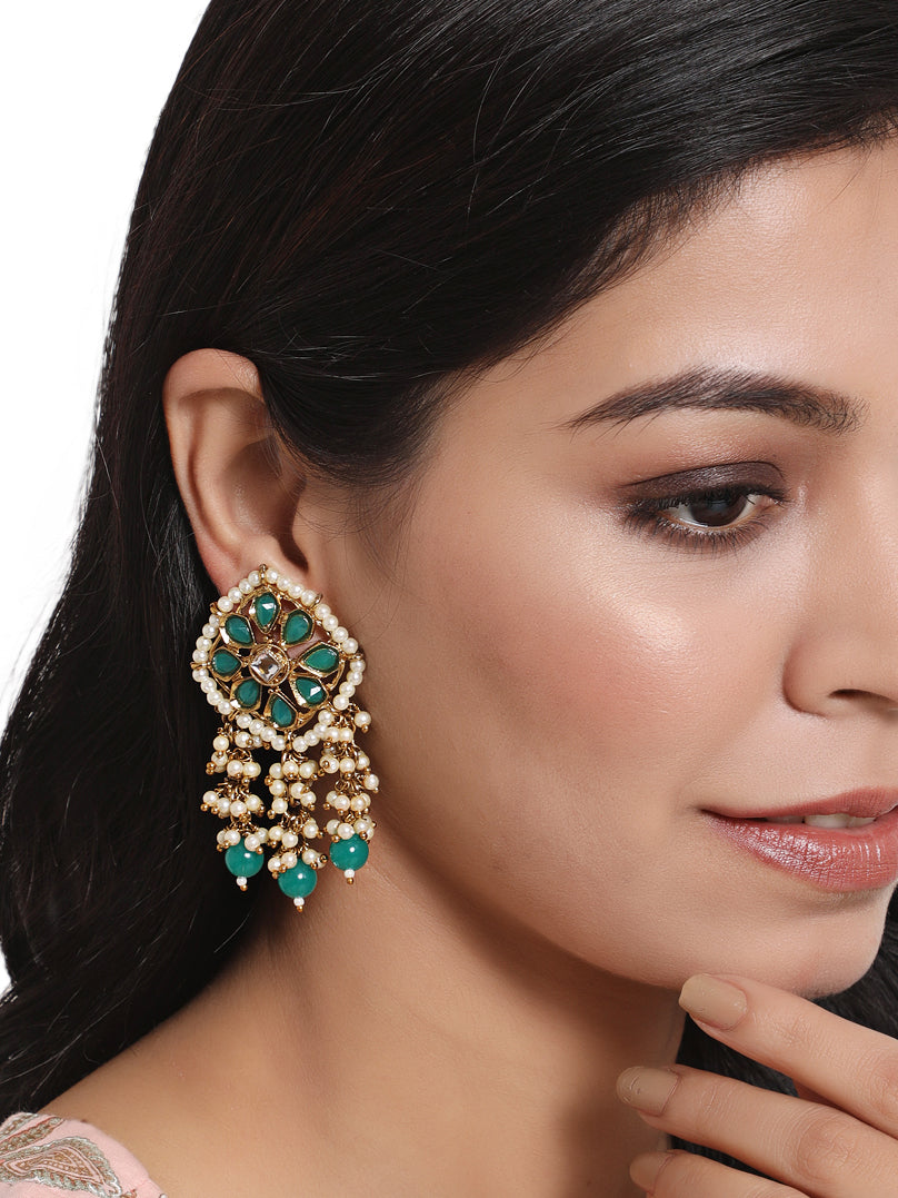 Green Kundan Stone Studded & Pearl Beaded Strand Drop Earrings