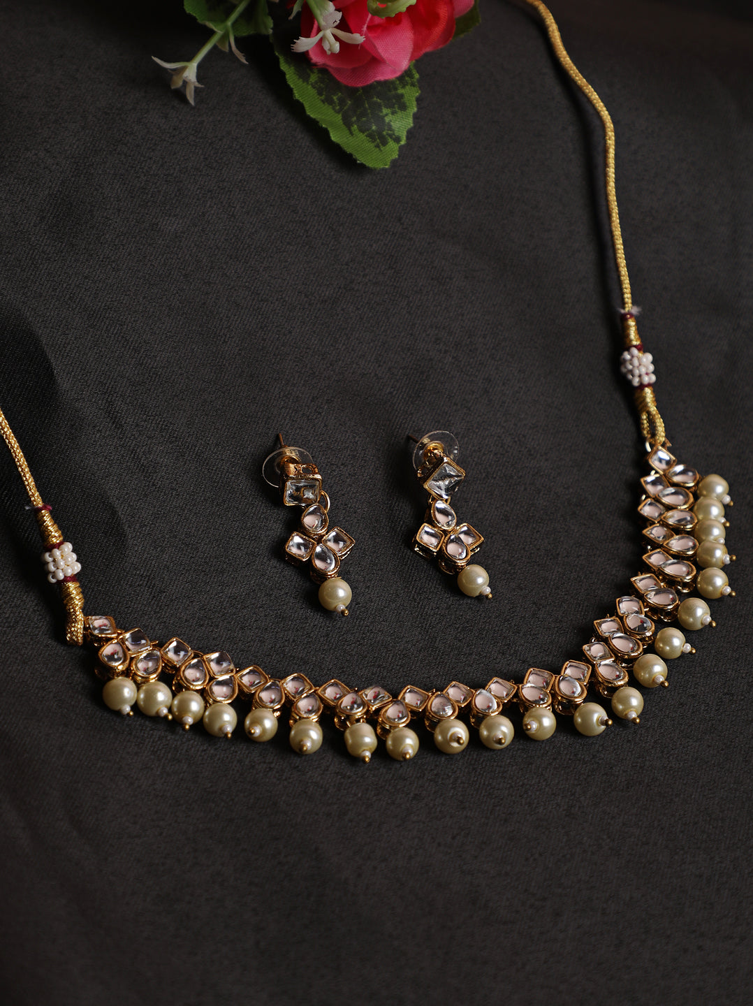 Gold-Toned & White Contemporary Kundan Studded & Pearl Beaded Jewellery Set