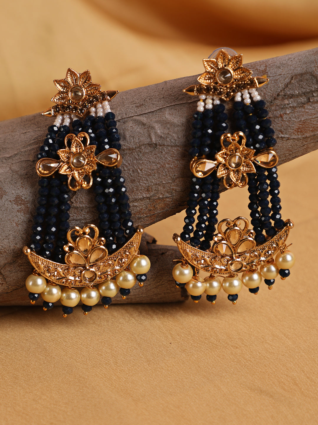 Black & Gold-Plated Handcrafted Kundan Pearl Studded Multistrand Earrings