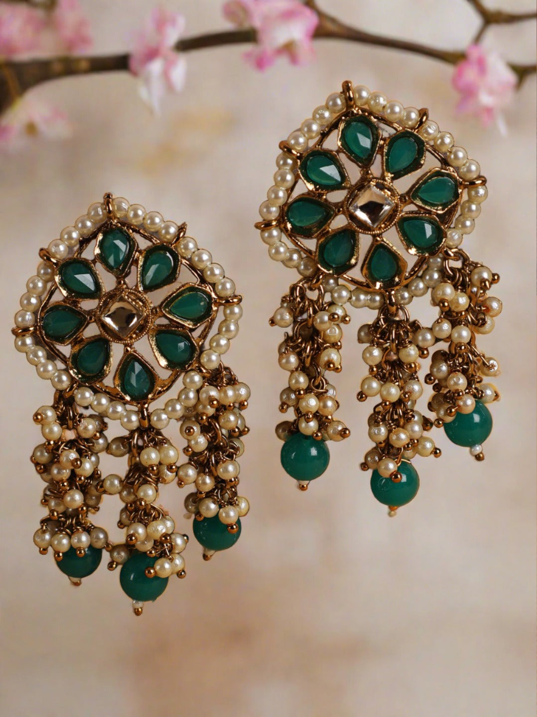 Green Kundan Stone Studded & Pearl Beaded Strand Drop Earrings