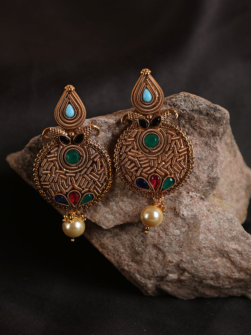 Gold Plated Multi Stone Studded Drop Earrings
