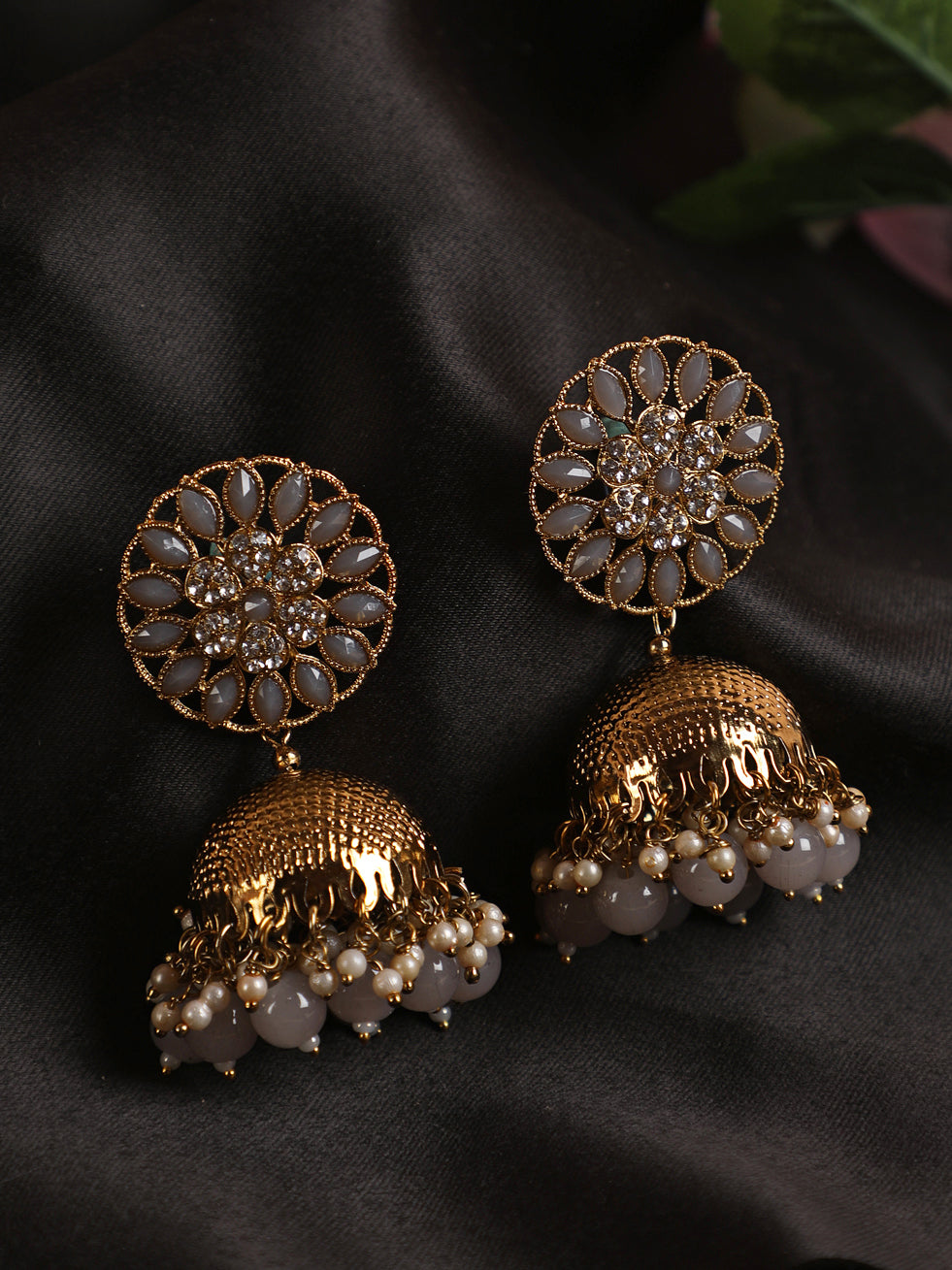 Grey Antique Gold-Plated Studded Dome Shaped Jhumkas
