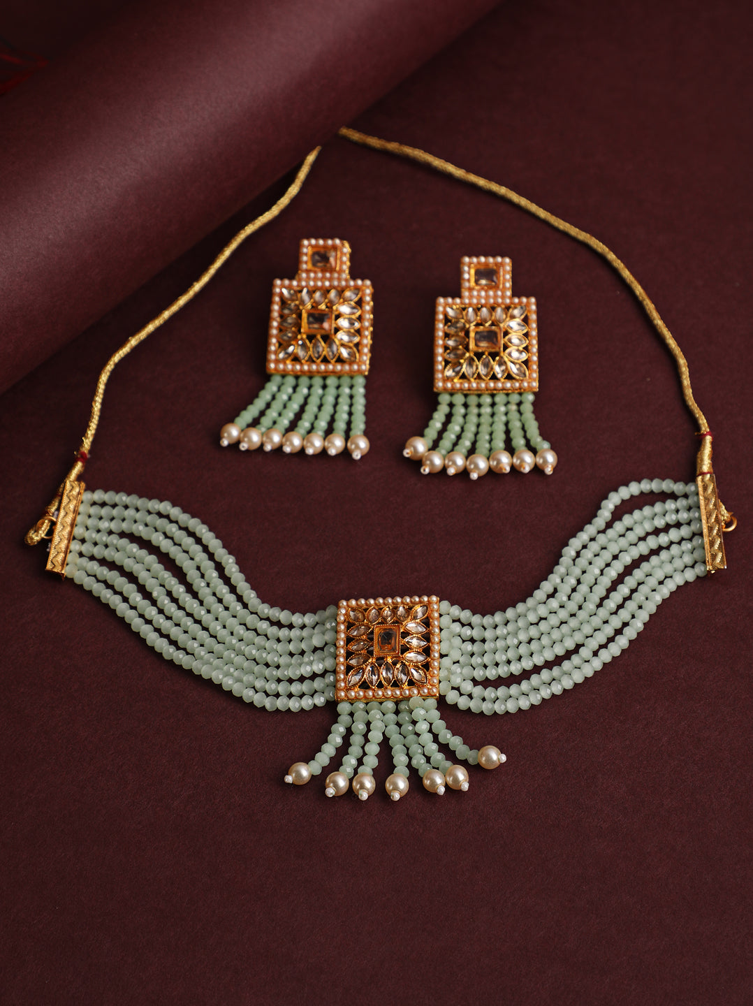 Gold-Plated & Pastel Green Kundan Crystal Beads Jewellery Set