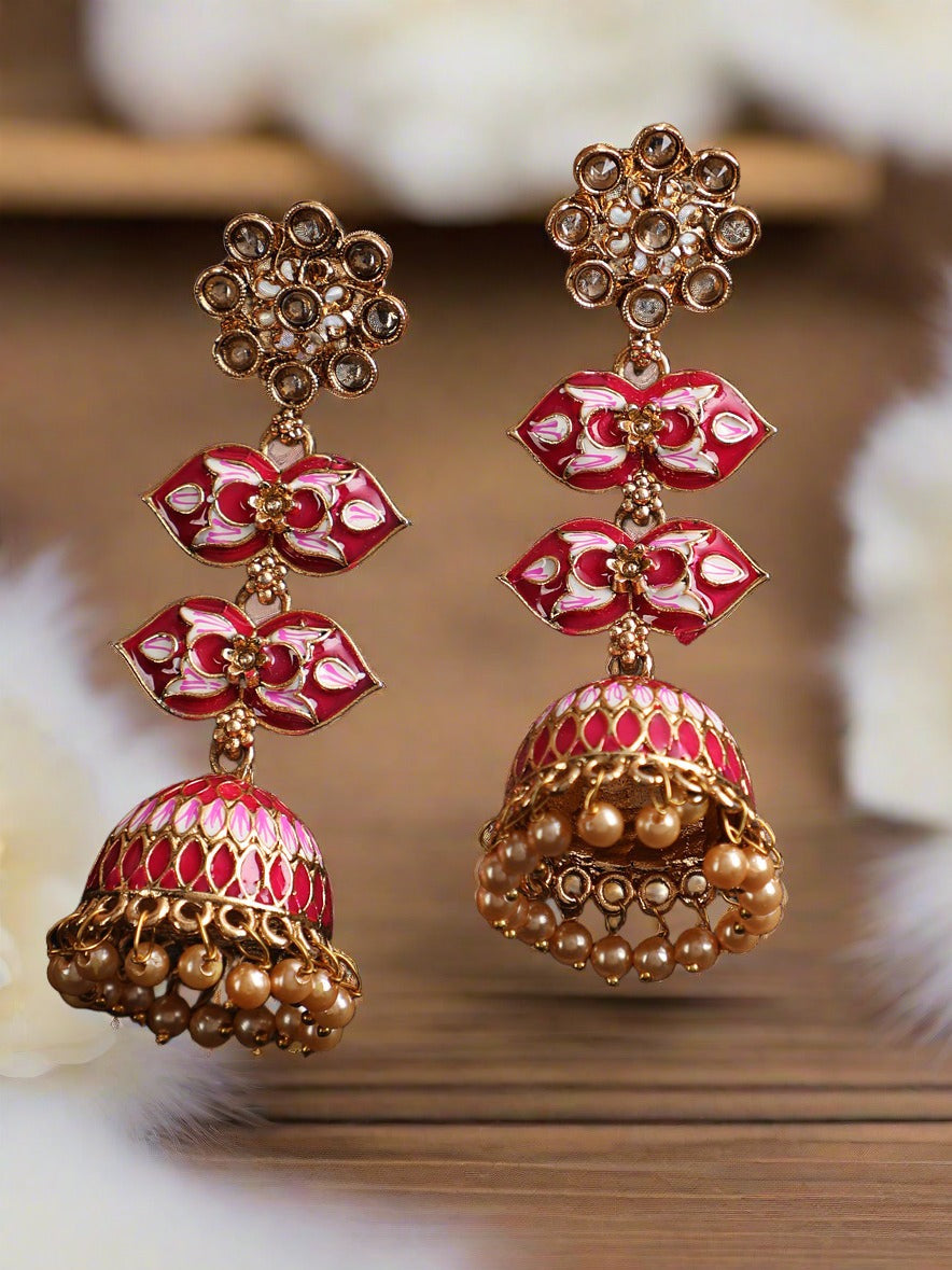 Gold Plated Floral Shaped Dome Pink & White Minakari Drop Earrings