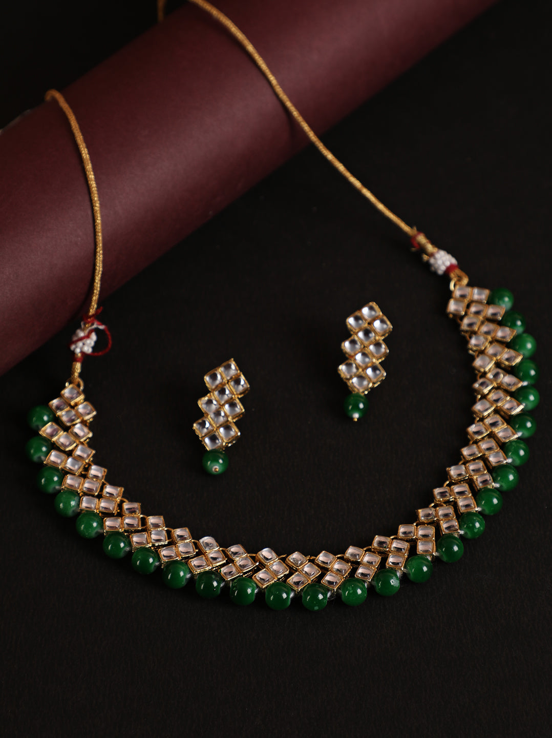 Gold Toned Kundan & Green Beads Jewellery Set