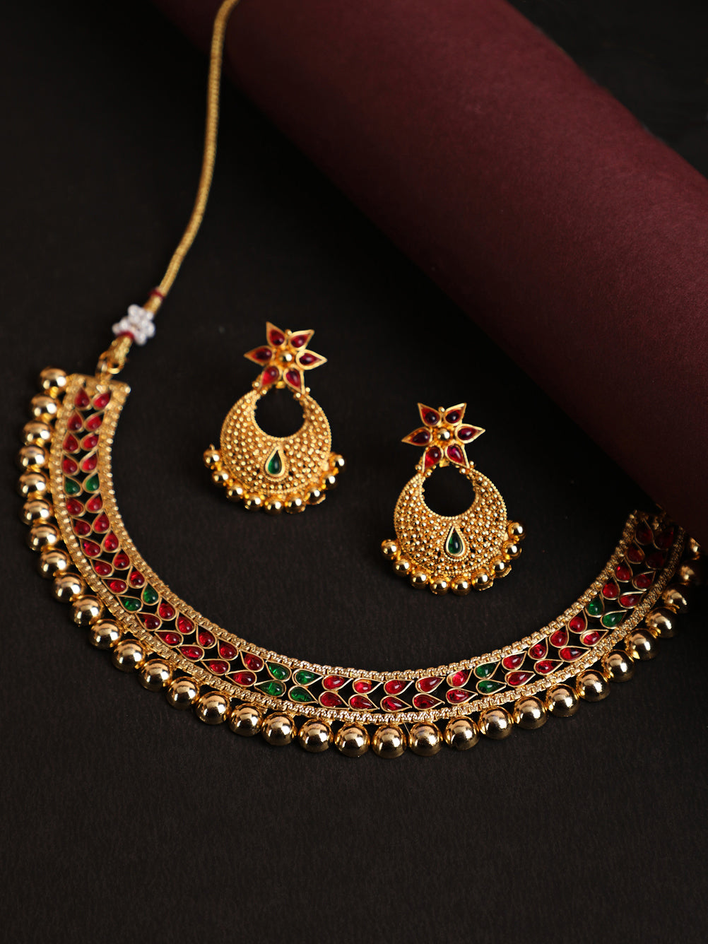 Gold-Plated Red & Green Stone Studded Handcrafted Jewellery Set