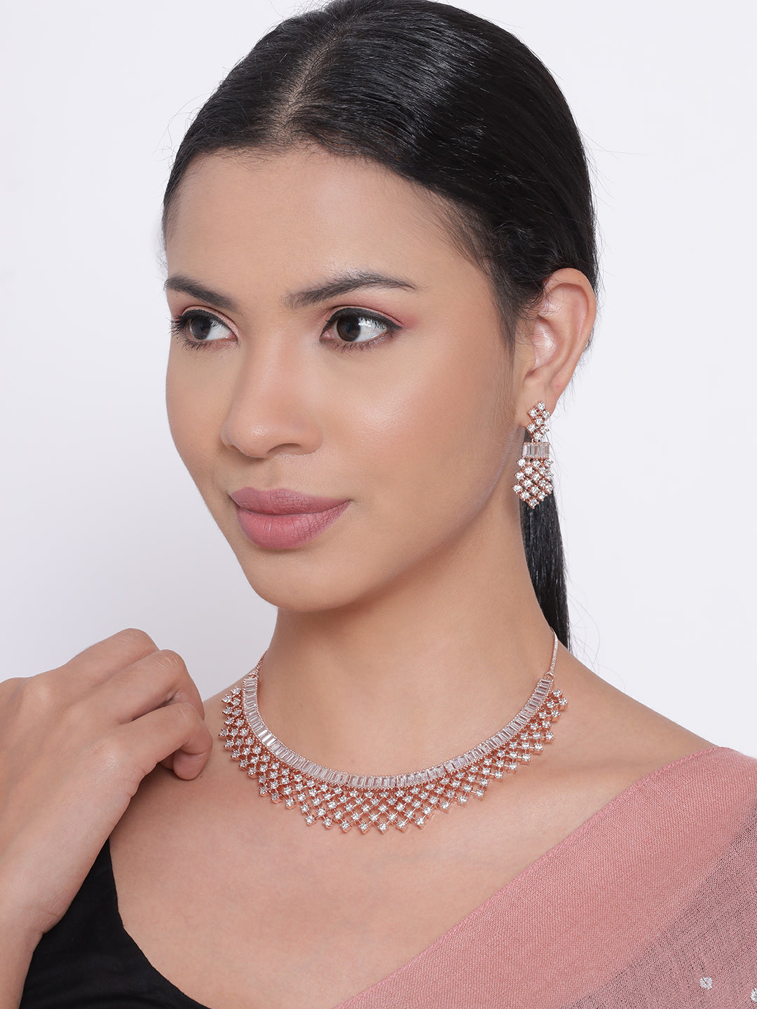 American Diamond Rose Gold Plated Ethnic Jewellery Set