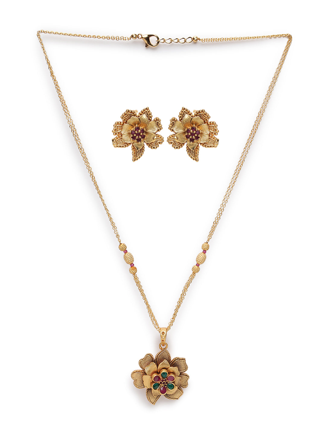 Gold-Plated Maroon & Red Studded Handcrafted Floral Jewellery Set