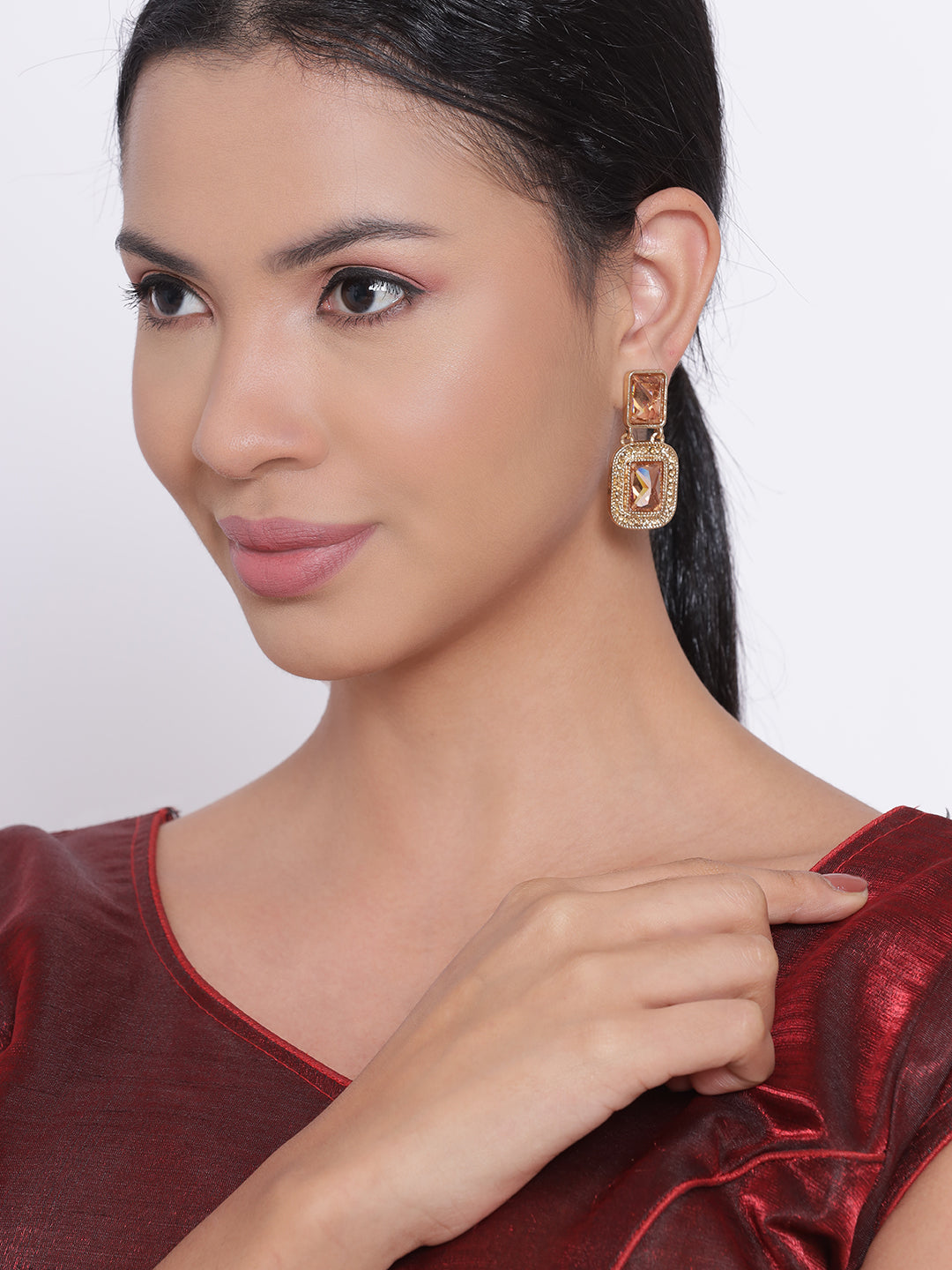 Peach Stone & Cz Studded Square Shaped Drop Earrings
