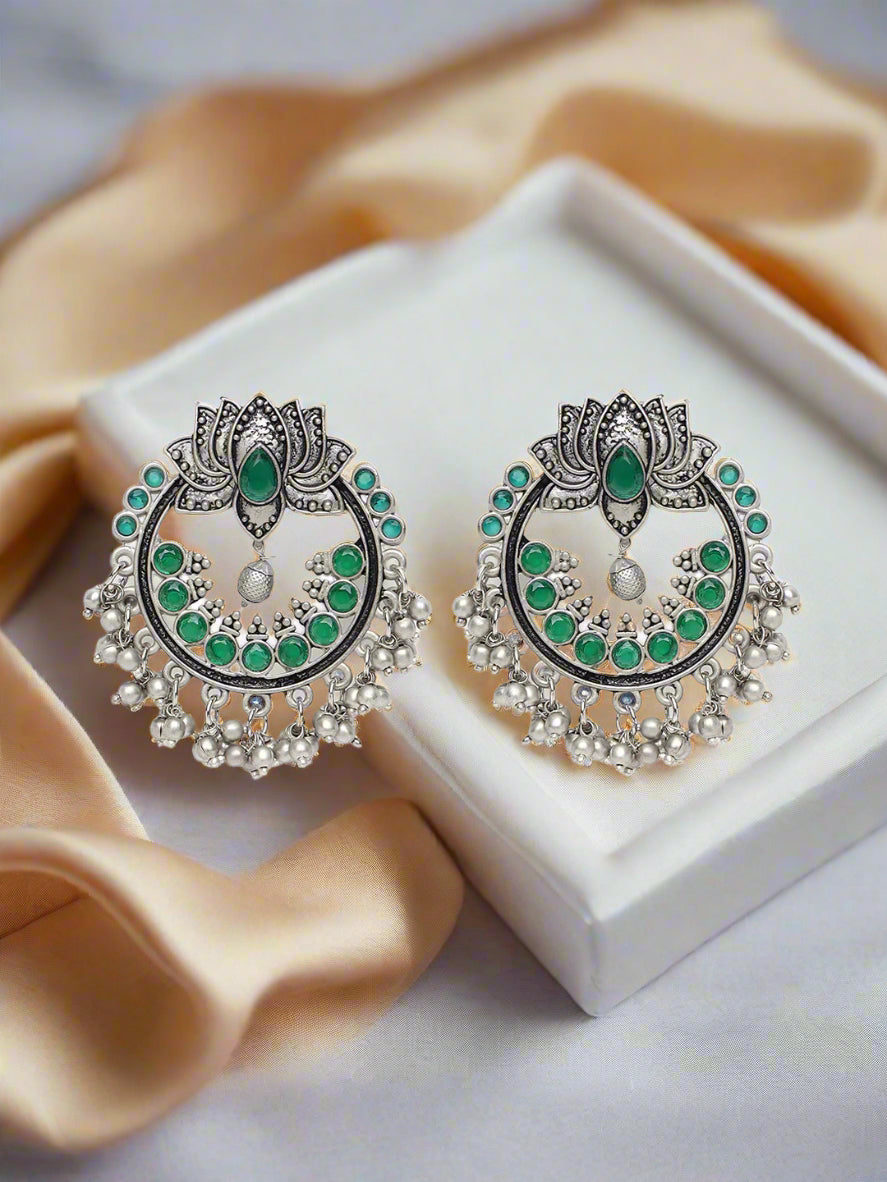 Green & Silver-Toned Lotus Shaped Chandbalis Earrings