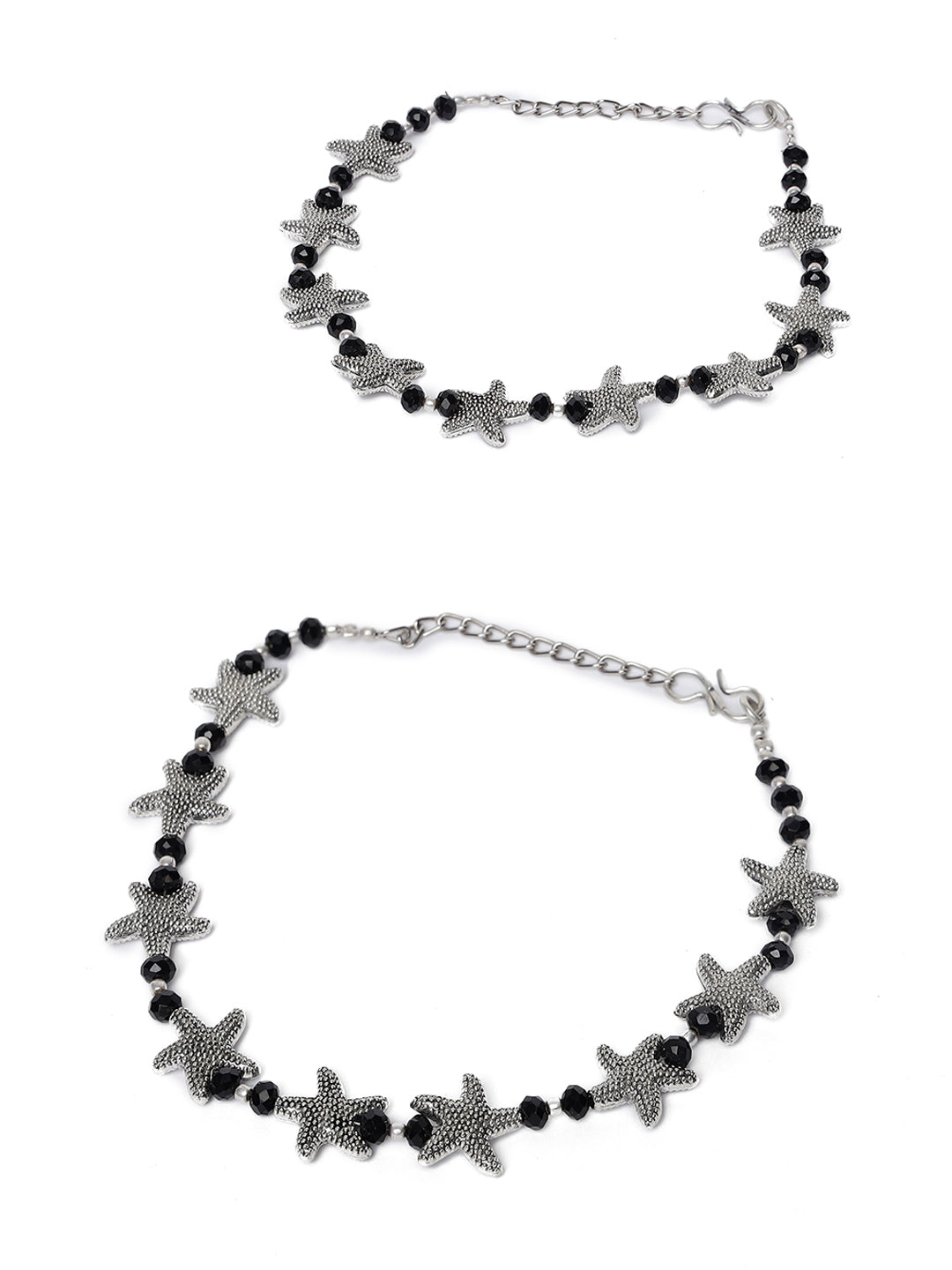 Silver-Plated & Black Beaded Handcrafted Starfish Anklet