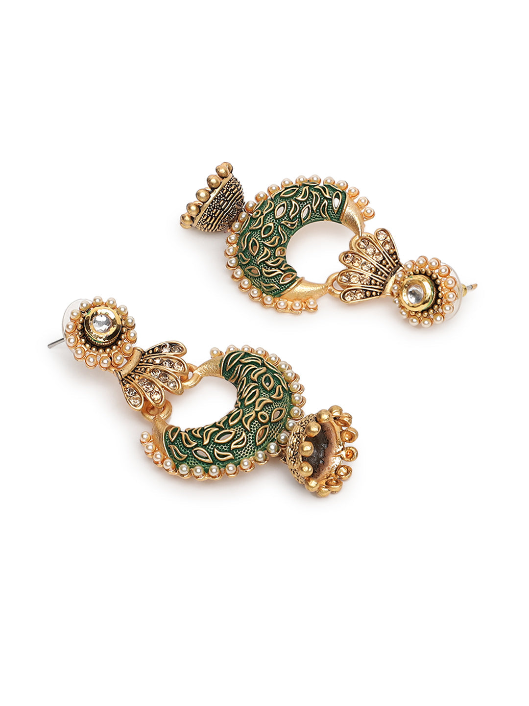 Green & Gold-Toned Dome Shaped Jhumka Earrings