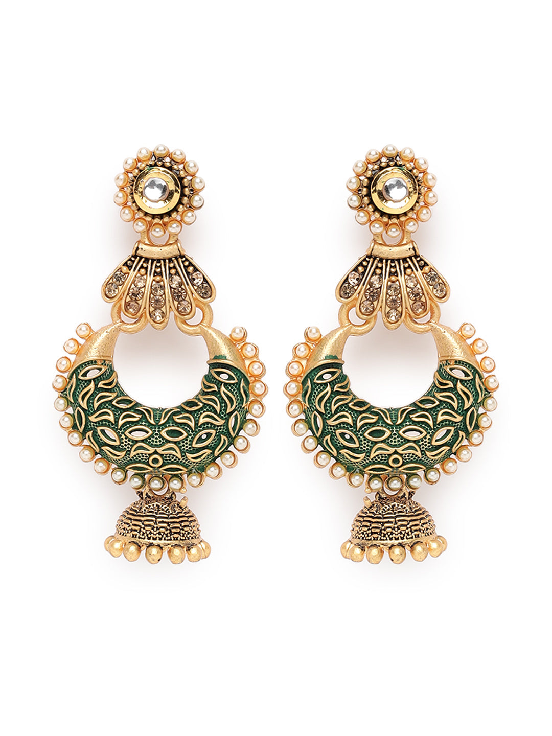 Green & Gold-Toned Dome Shaped Jhumka Earrings
