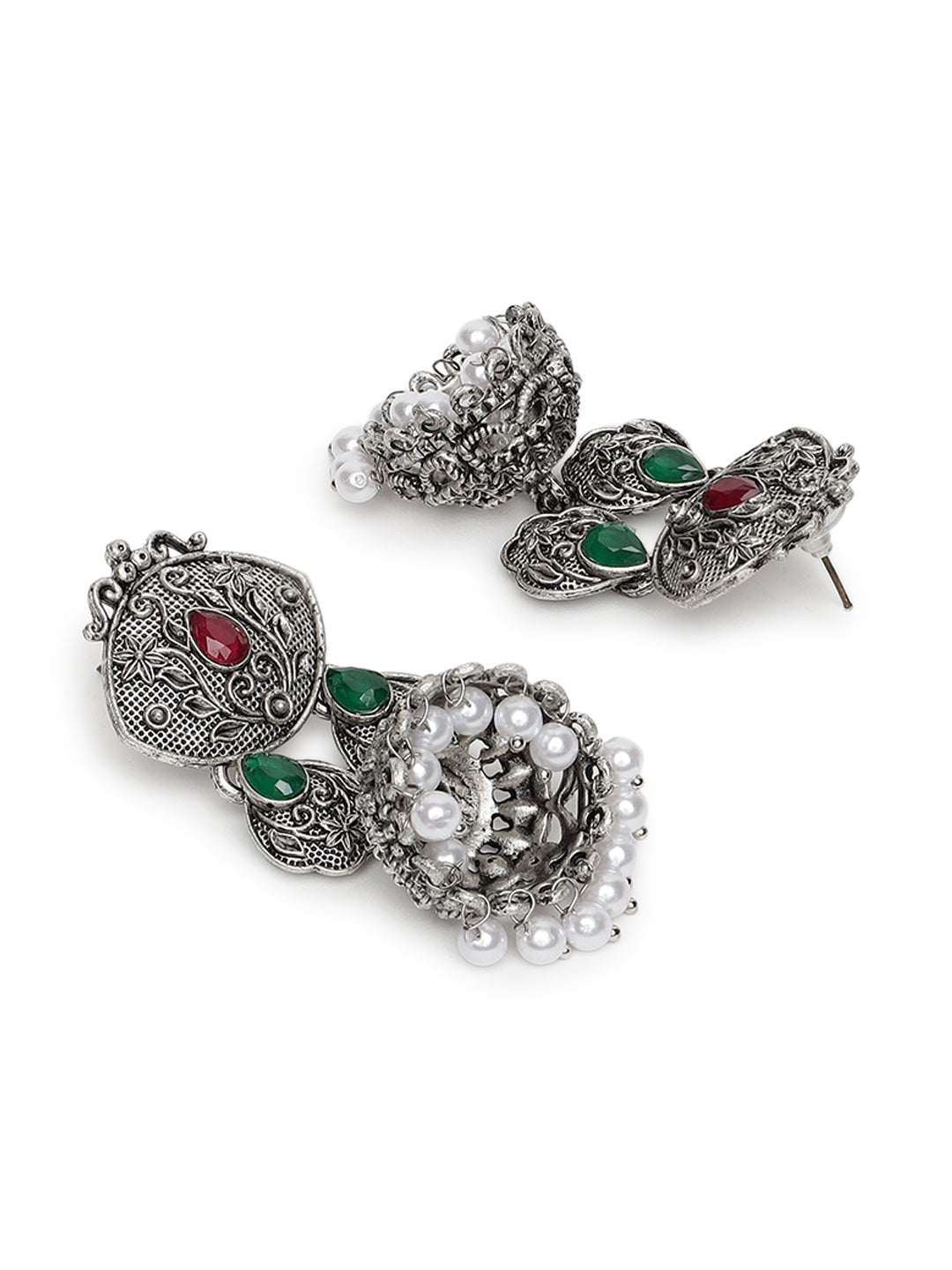 Silver-Toned Ruby & Green Oxidised Classic Drop Jhumka Earrings
