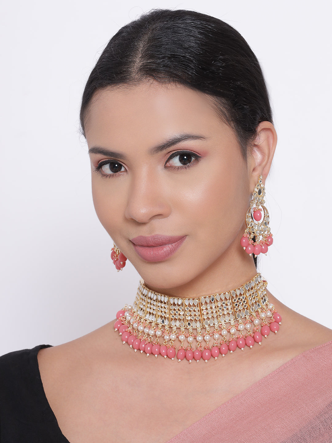 White Silver Plated Pink Beaded Choker Set