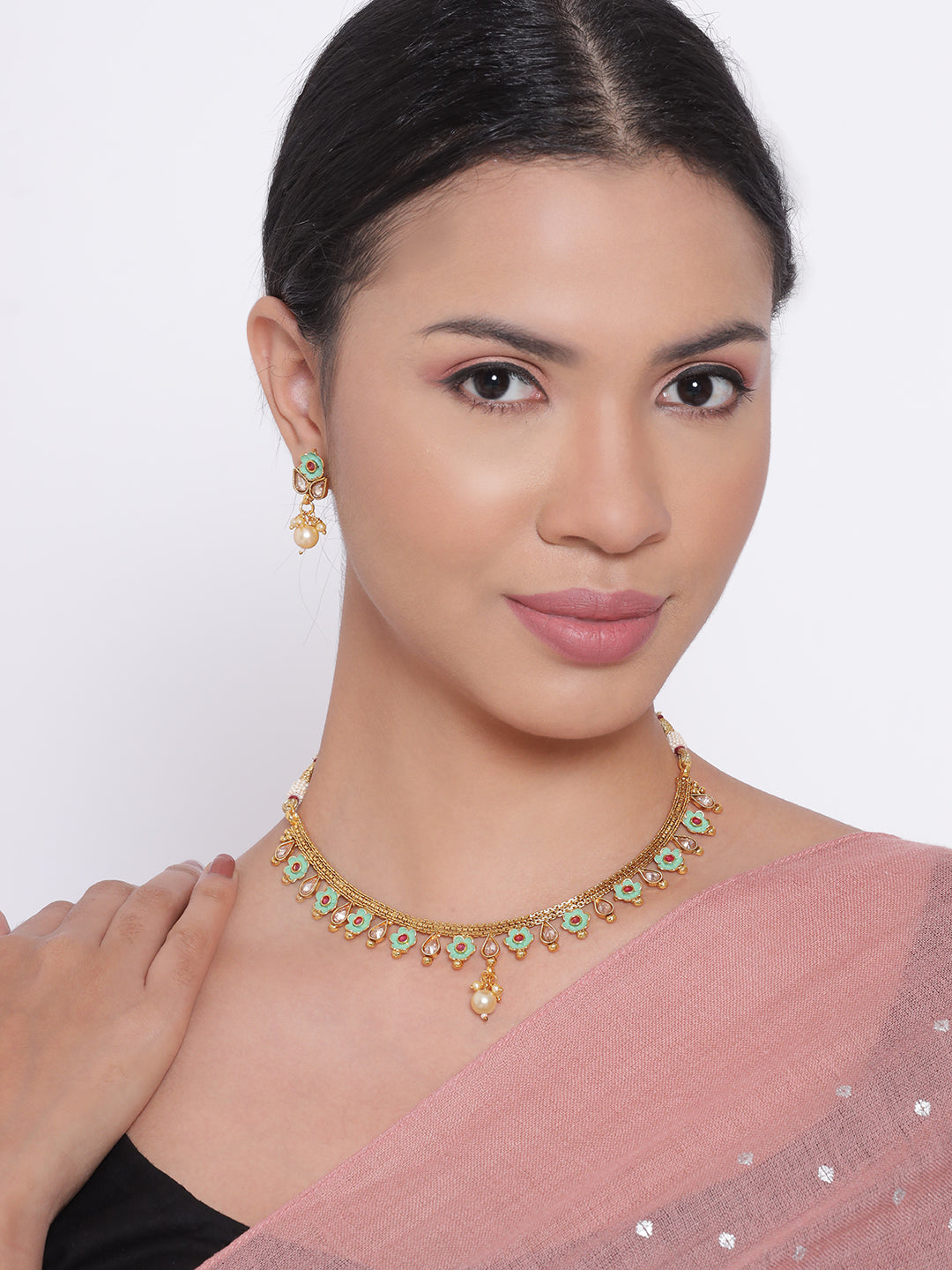 Gold Plated & White Stone Studded Green Enameled Handcrafted Jewellery Set