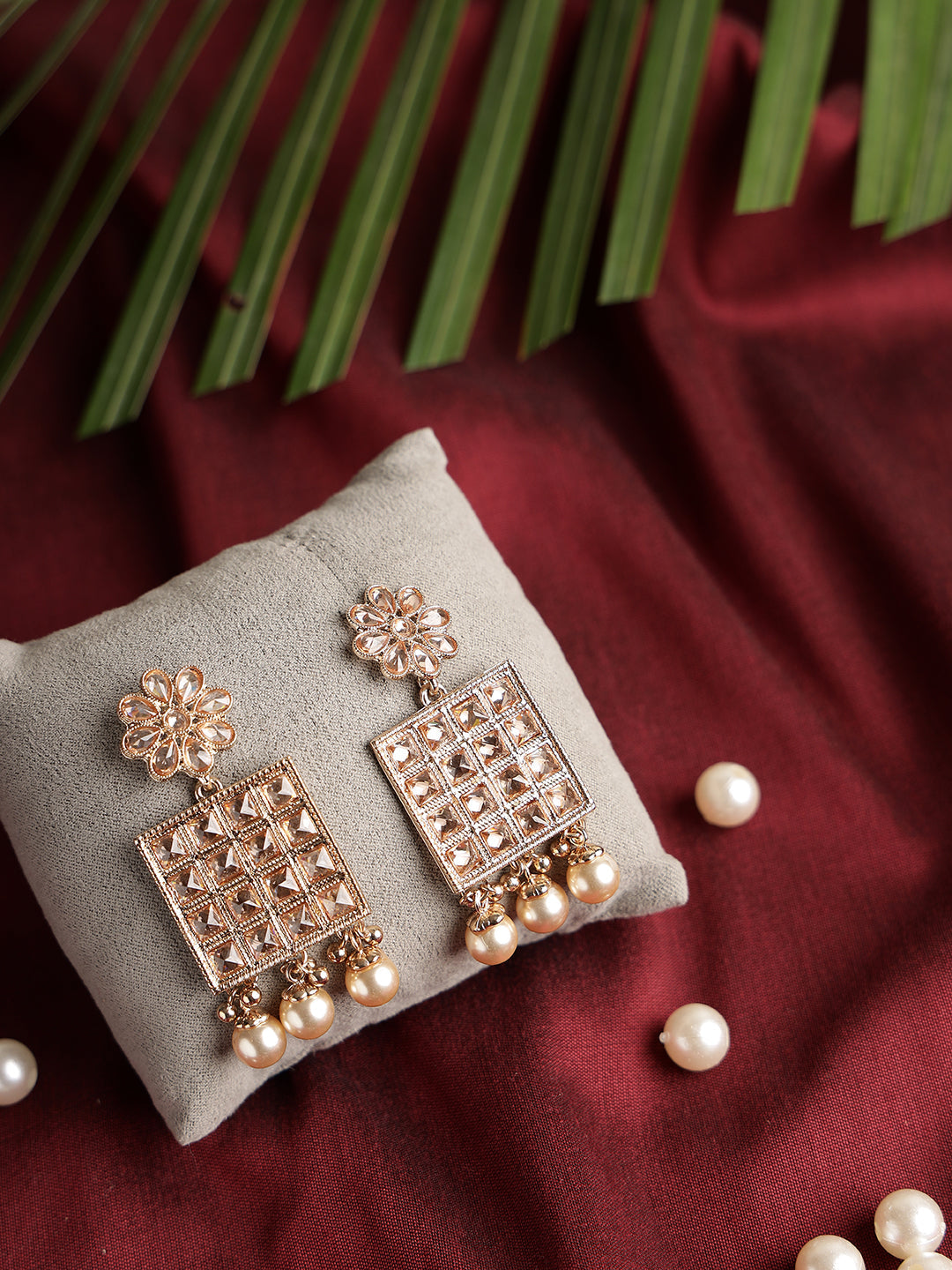 Gold-Plated Kundan Studded Floral Pattern& Square Drop Earrings