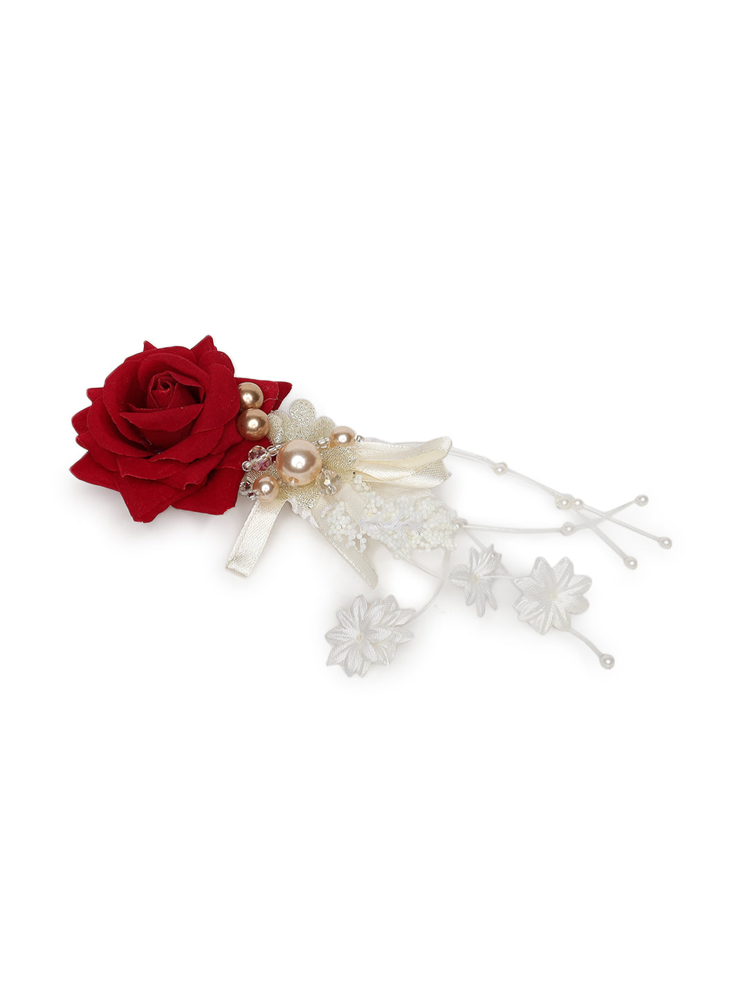 Red Rose & Golden Pearls Handcrafted Alligator Side Hair Clip