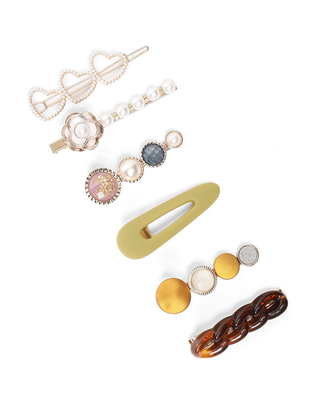 Multi-Color Pearls Gold Plated Set Of 6 Alligator Hair Clip