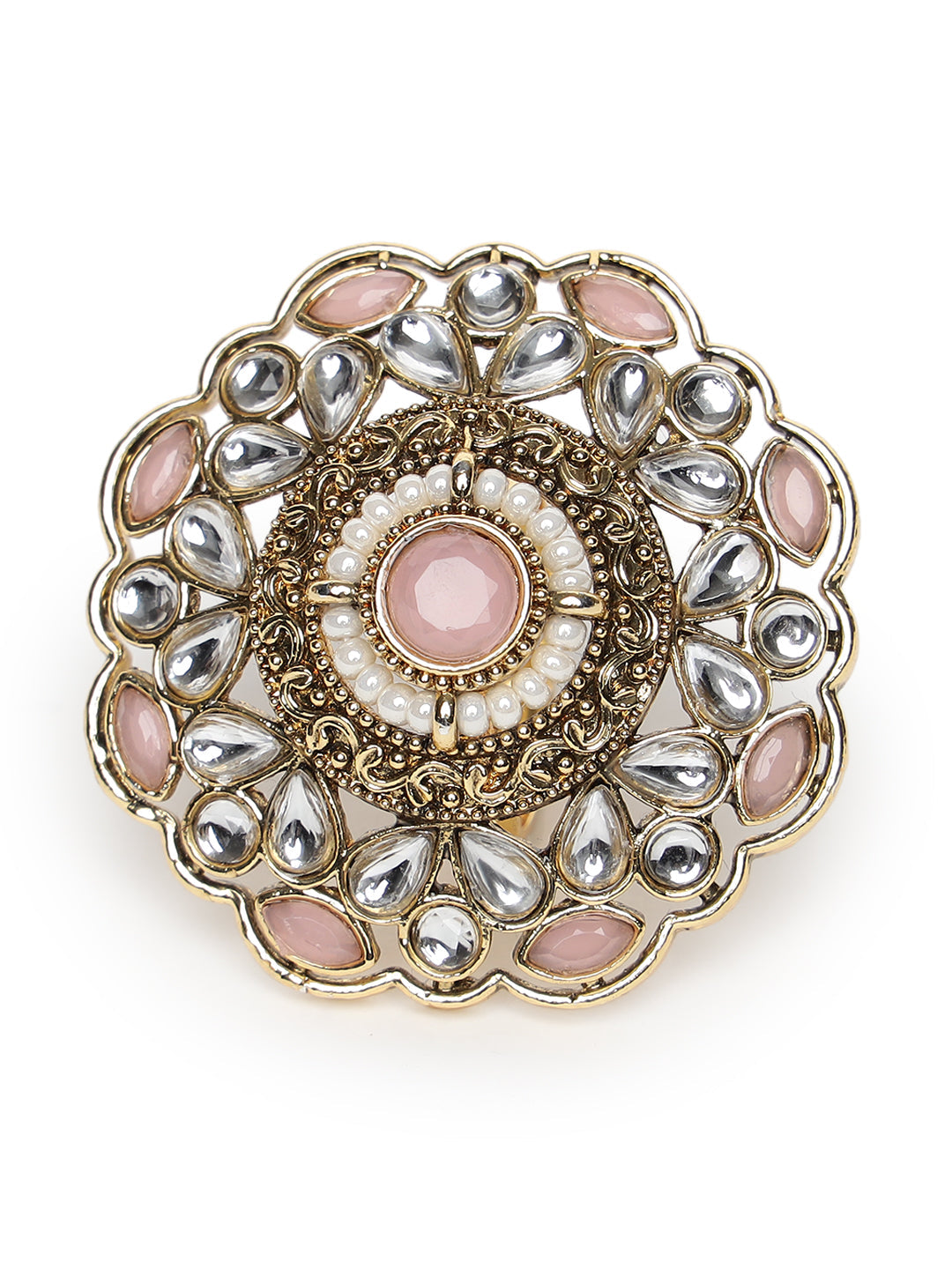 Gold-Plated Pink Kundan-Studded & Beaded Adjustable Traditional Finger Ring