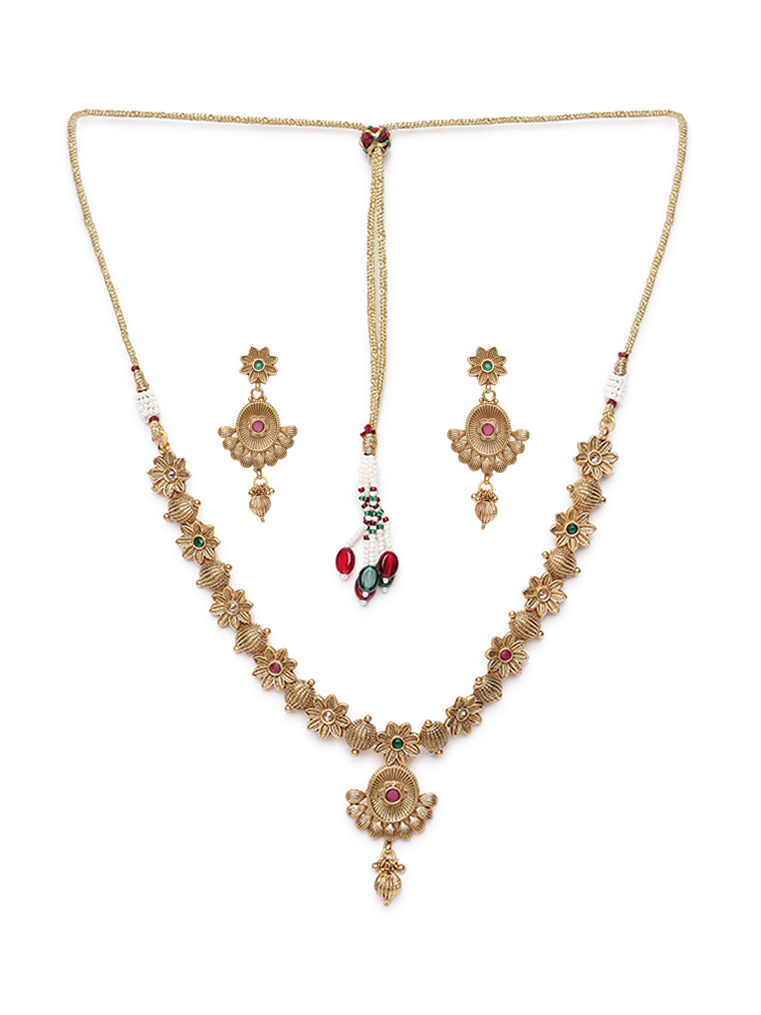 Red & Green Gold-Plated Stone-Studded Handcrafted Jewellery Set