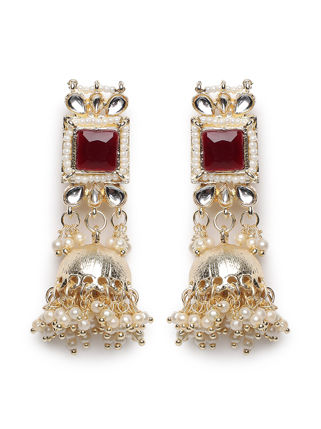 Gold-Plated Maroon & White Kundan Studded Handcrafted Jewellery Set
