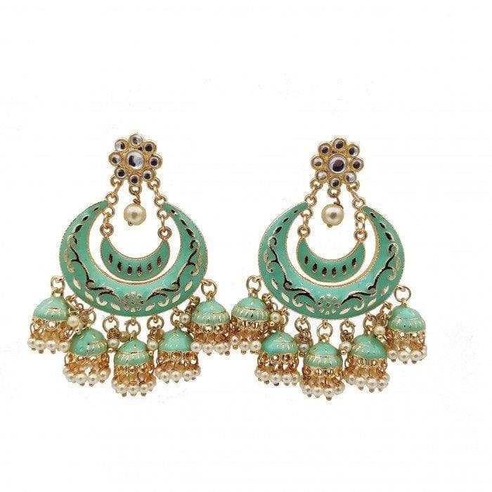 Handmade golden meenakari kundan brass stylish earrings (Green) - HalfPe