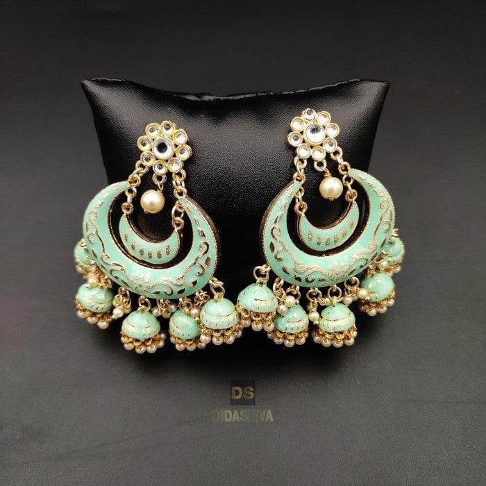 Handmade golden meenakari kundan brass stylish earrings (Green) - HalfPe