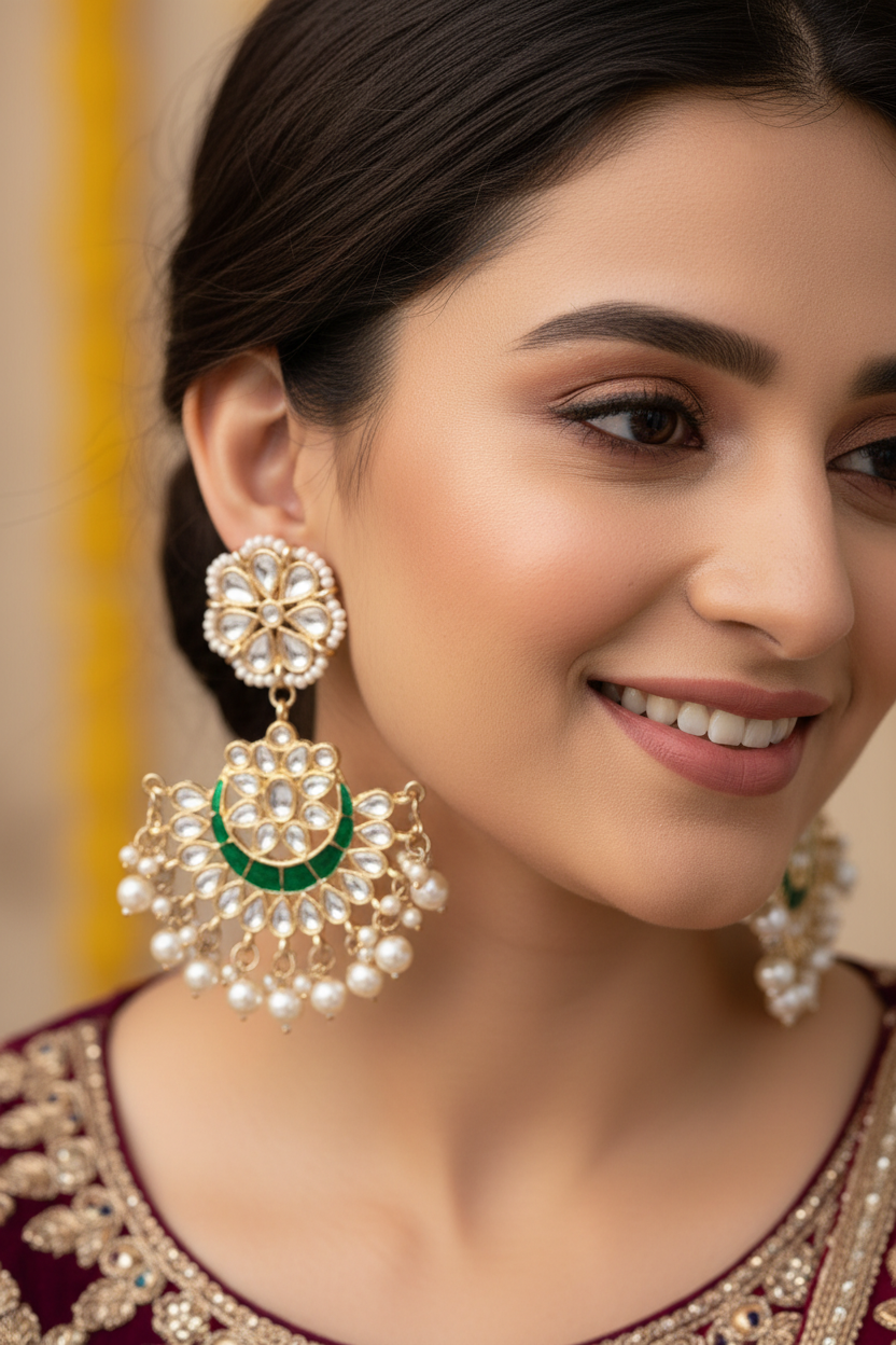 Jazz And Sizzle Gold Plated & Pearl Beaded Kundan Studded Minakari Chand Bali Earrings