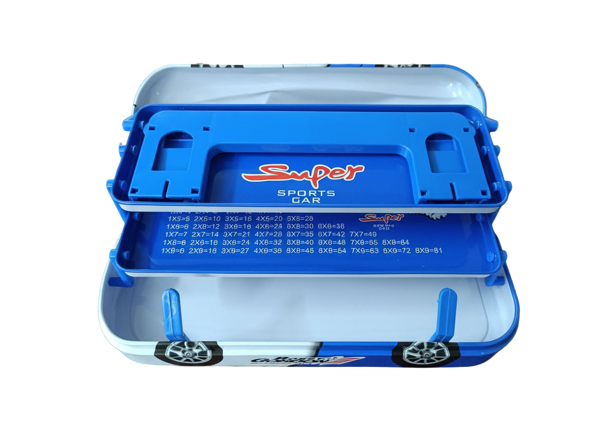 Qips Printed Double Layered Car Design Pencil Case | High-Speed Sports Car Style Stationery Pouch for Kids (Blue)