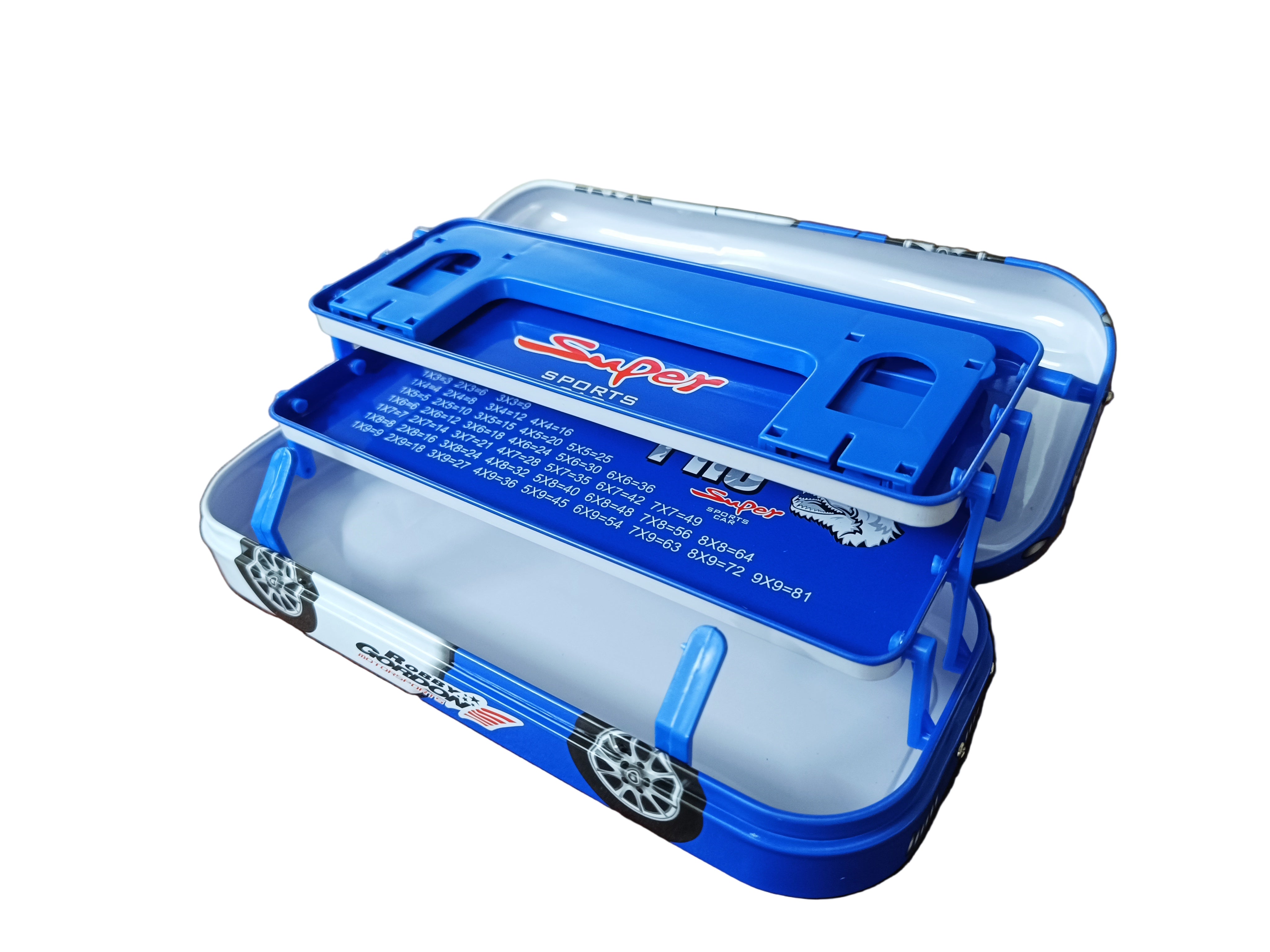 Qips Printed Double Layered Car Design Pencil Case | High-Speed Sports Car Style Stationery Pouch for Kids (Blue)